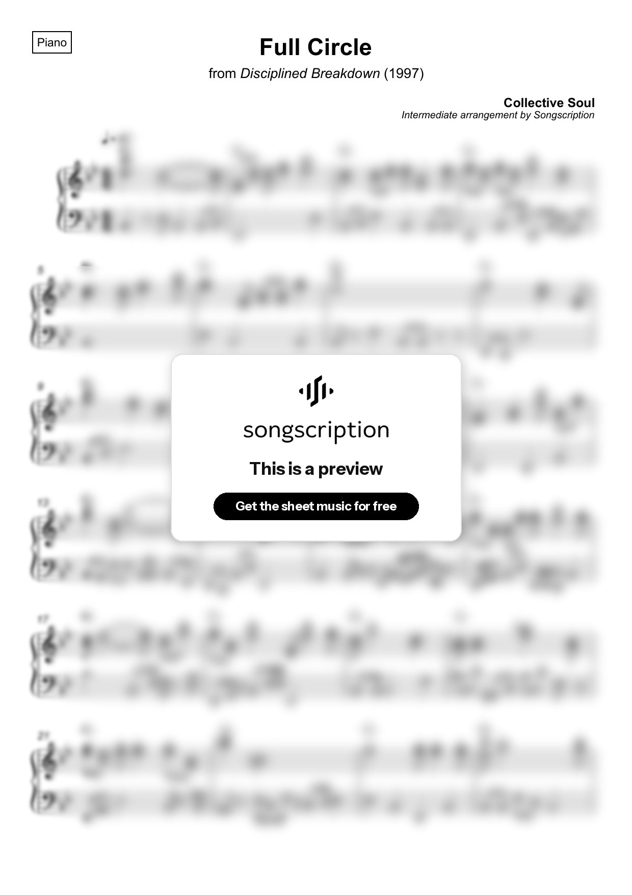 Intermediate Piano Sheet Music for "Full Circle" by Collective Soul