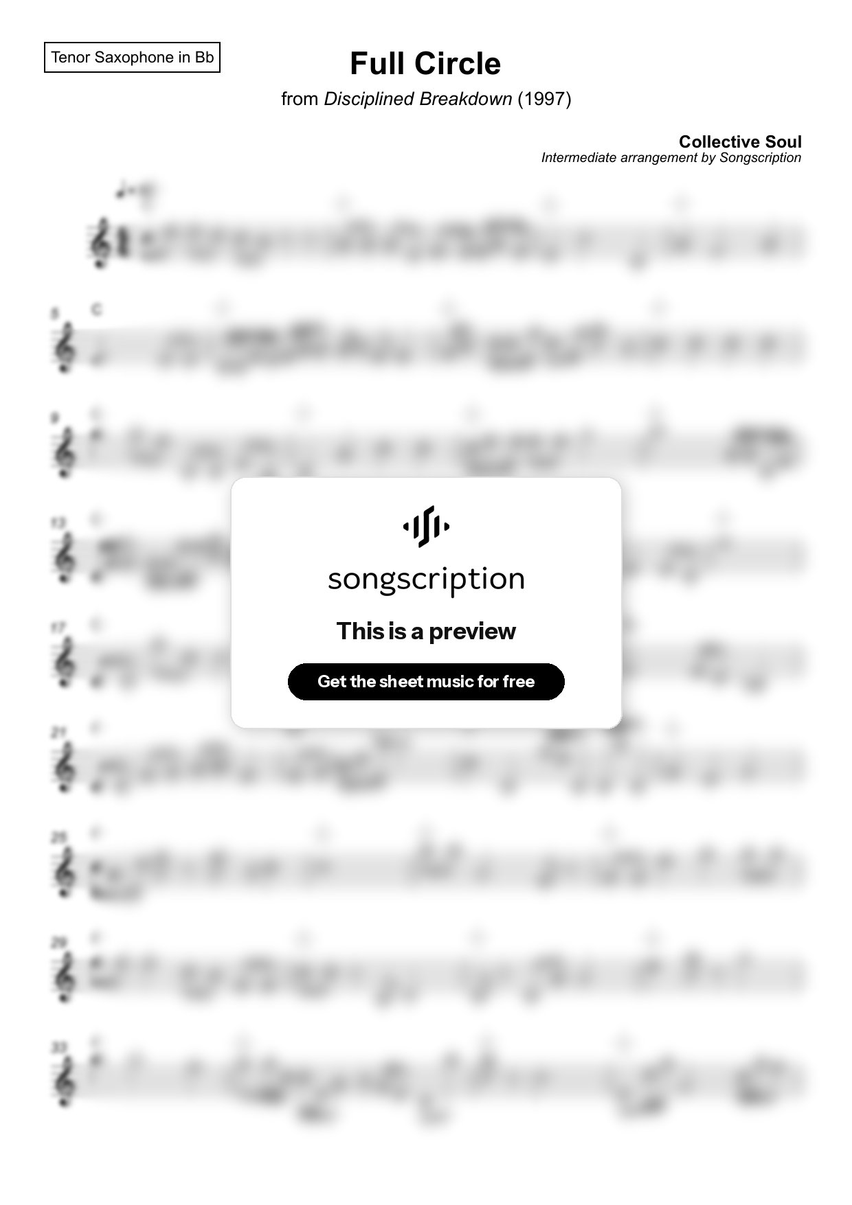 Intermediate Tenor Sax Sheet Music for "Full Circle" by Collective Soul
