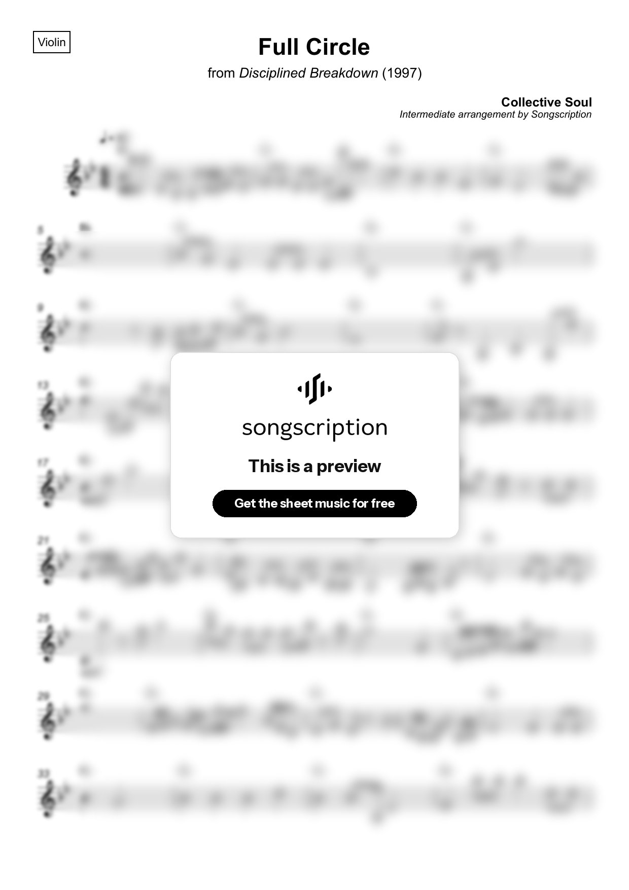 Intermediate Violin Sheet Music for "Full Circle" by Collective Soul
