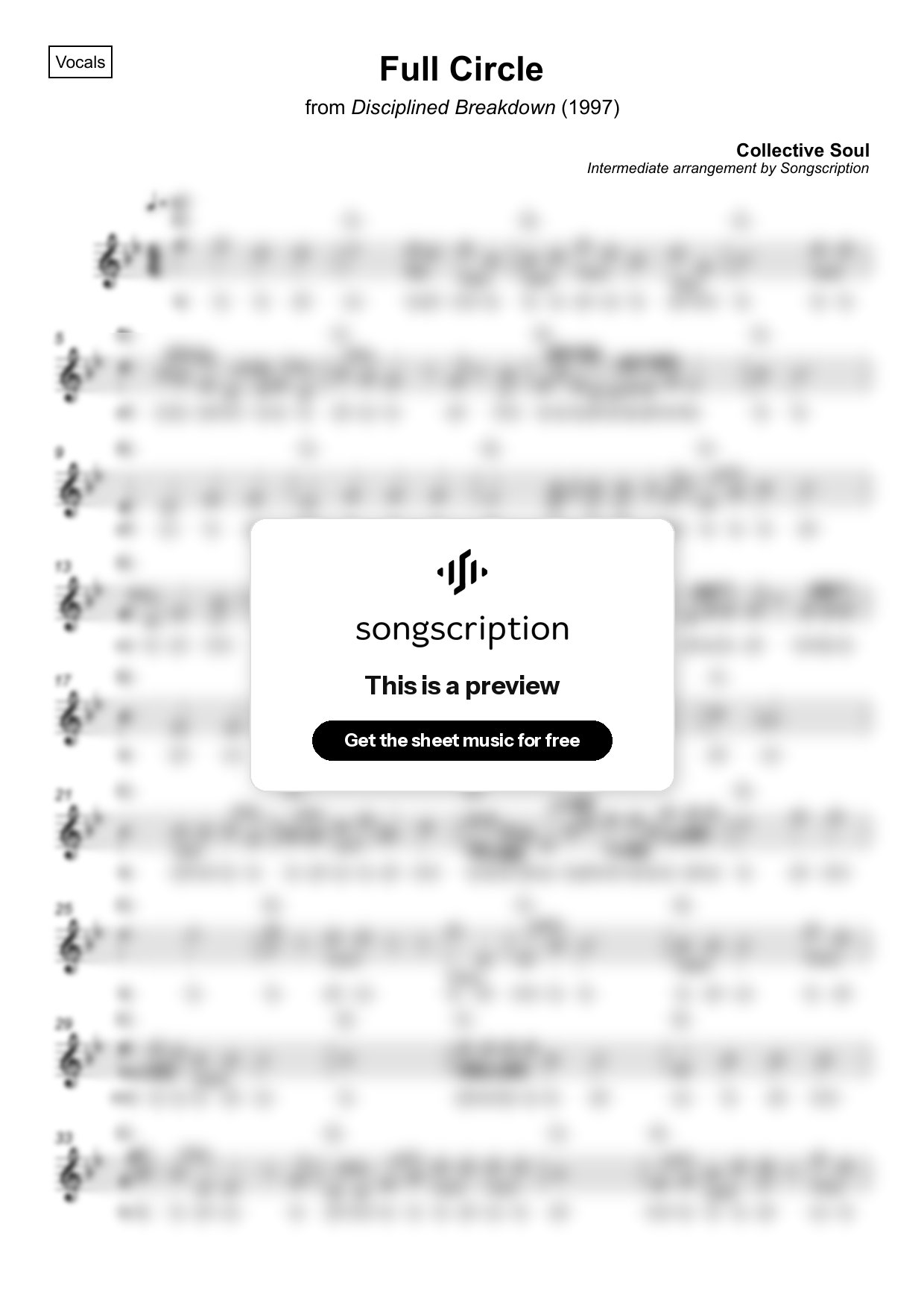 Intermediate Vocals Sheet Music for "Full Circle" by Collective Soul
