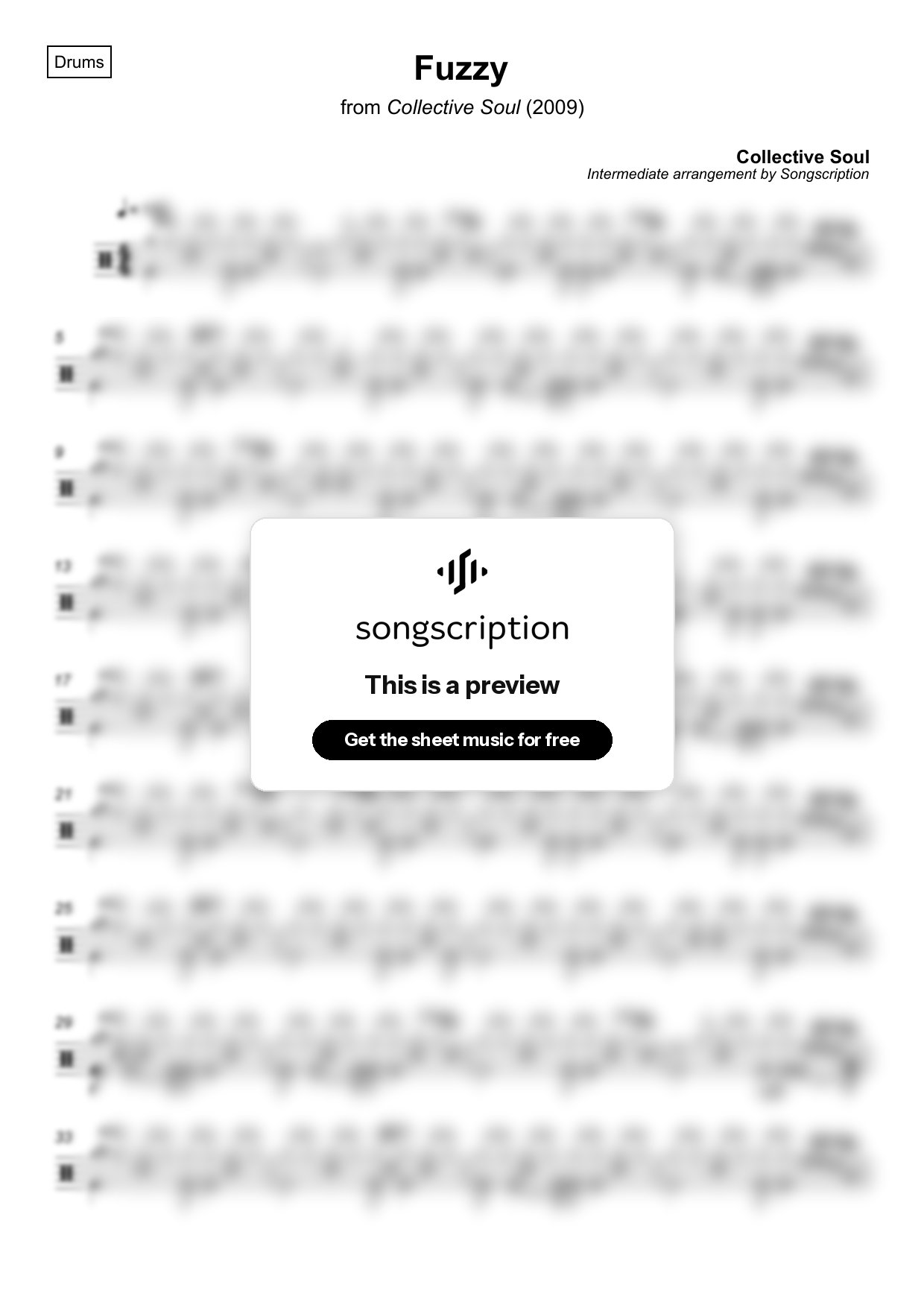 Intermediate Drums Sheet Music for "Fuzzy" by Collective Soul