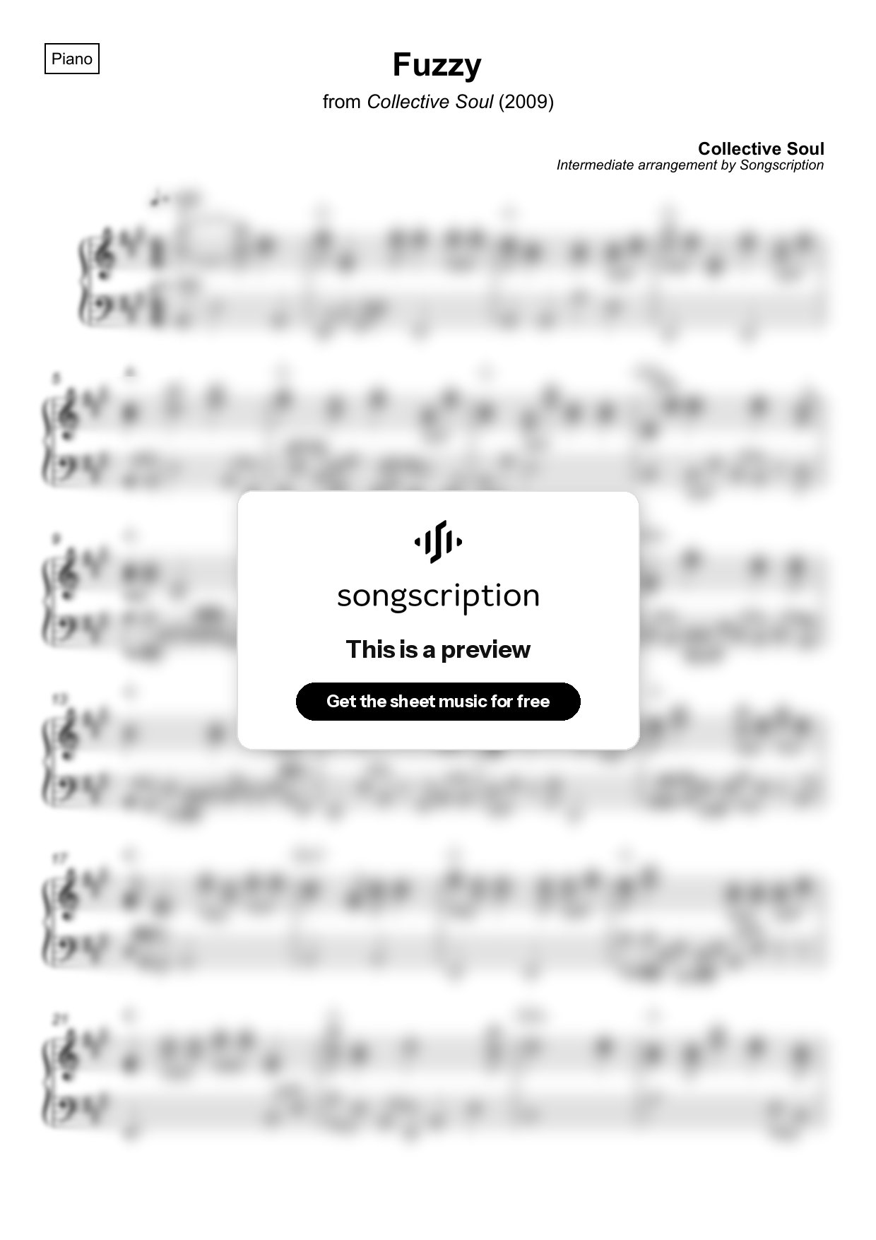 Intermediate Piano Sheet Music for "Fuzzy" by Collective Soul