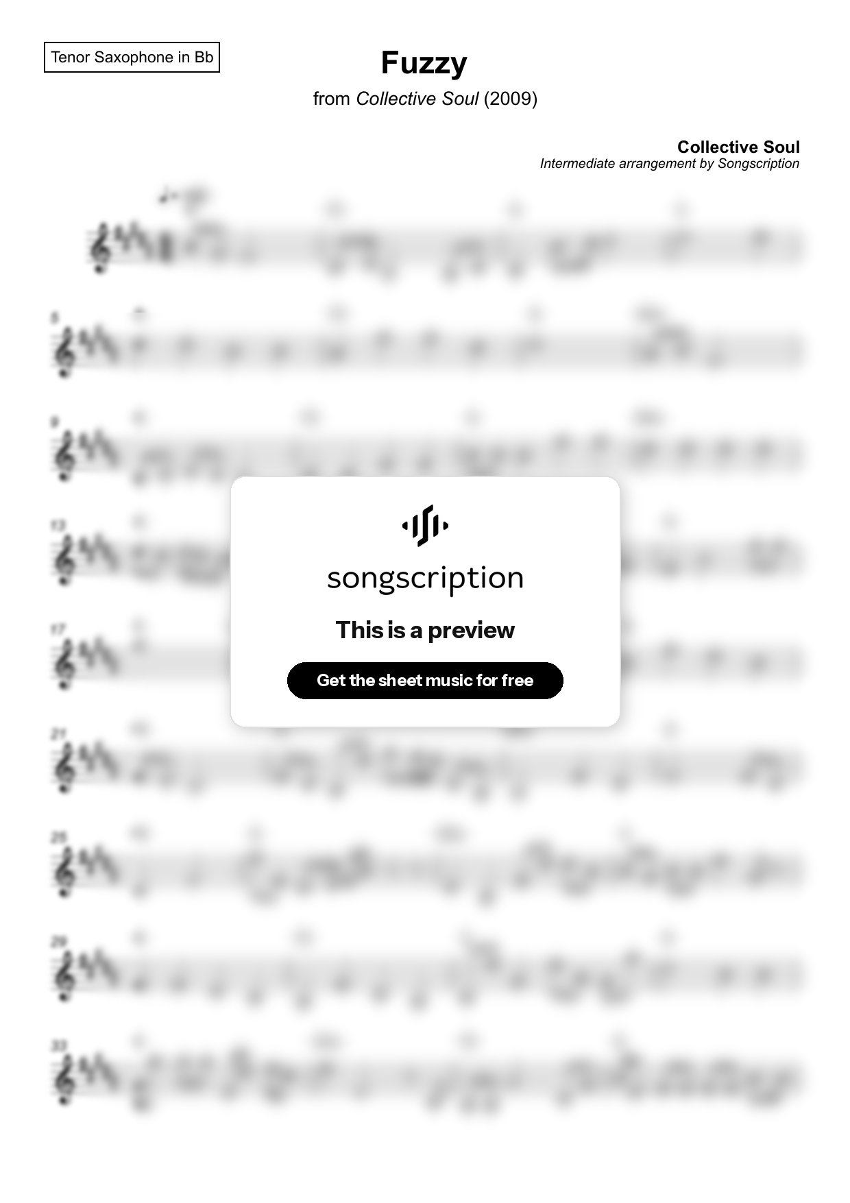 Intermediate Tenor Sax Sheet Music for "Fuzzy" by Collective Soul