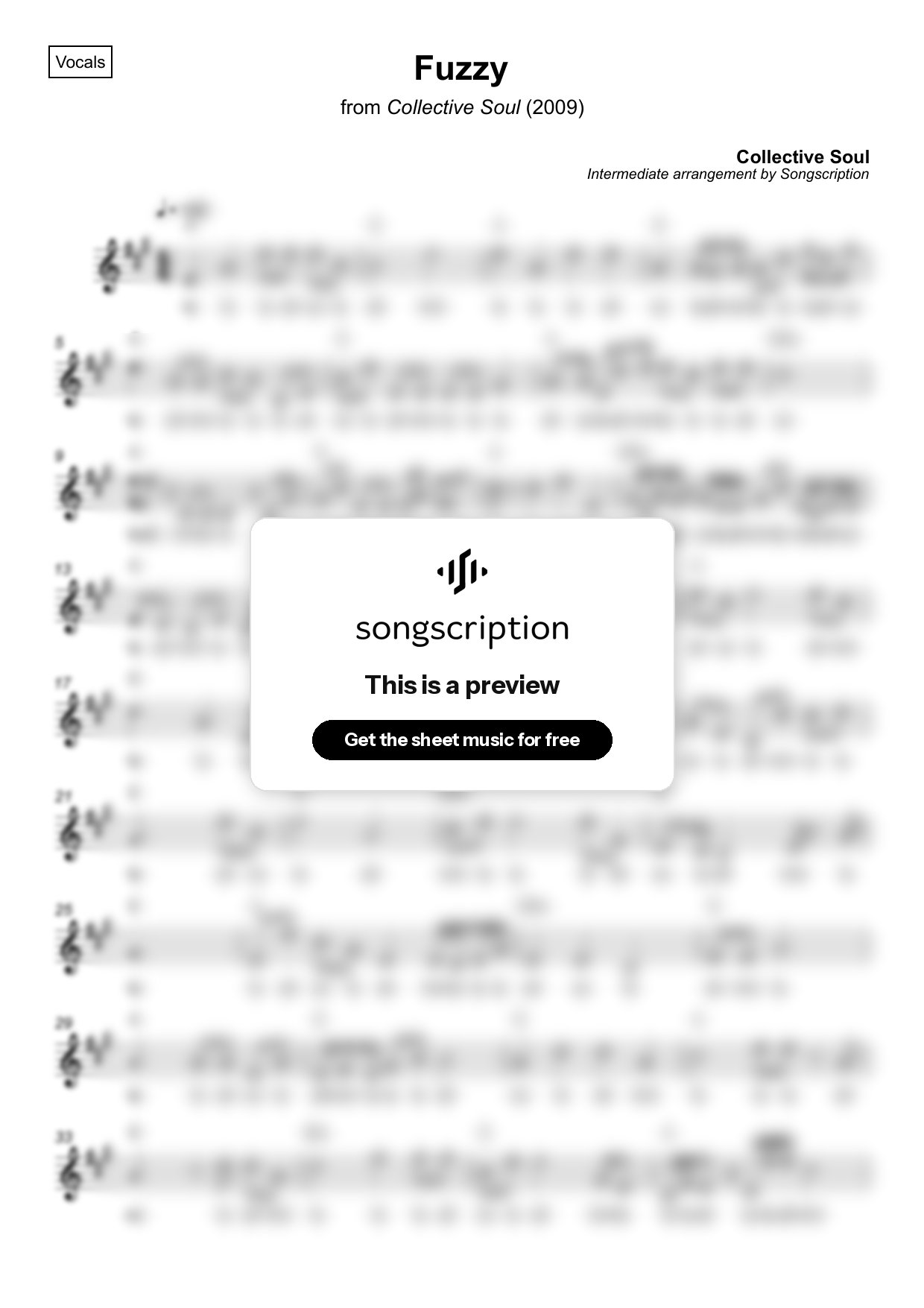 Intermediate Vocals Sheet Music for "Fuzzy" by Collective Soul