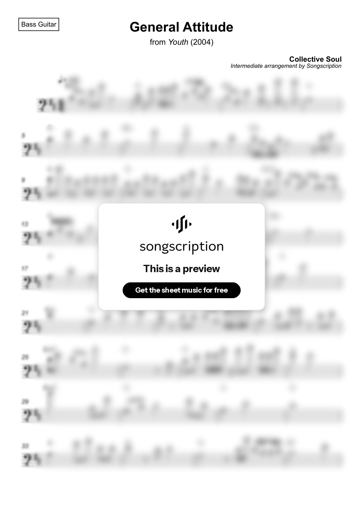 Intermediate Bass Guitar Sheet Music for "General Attitude" by Collective Soul