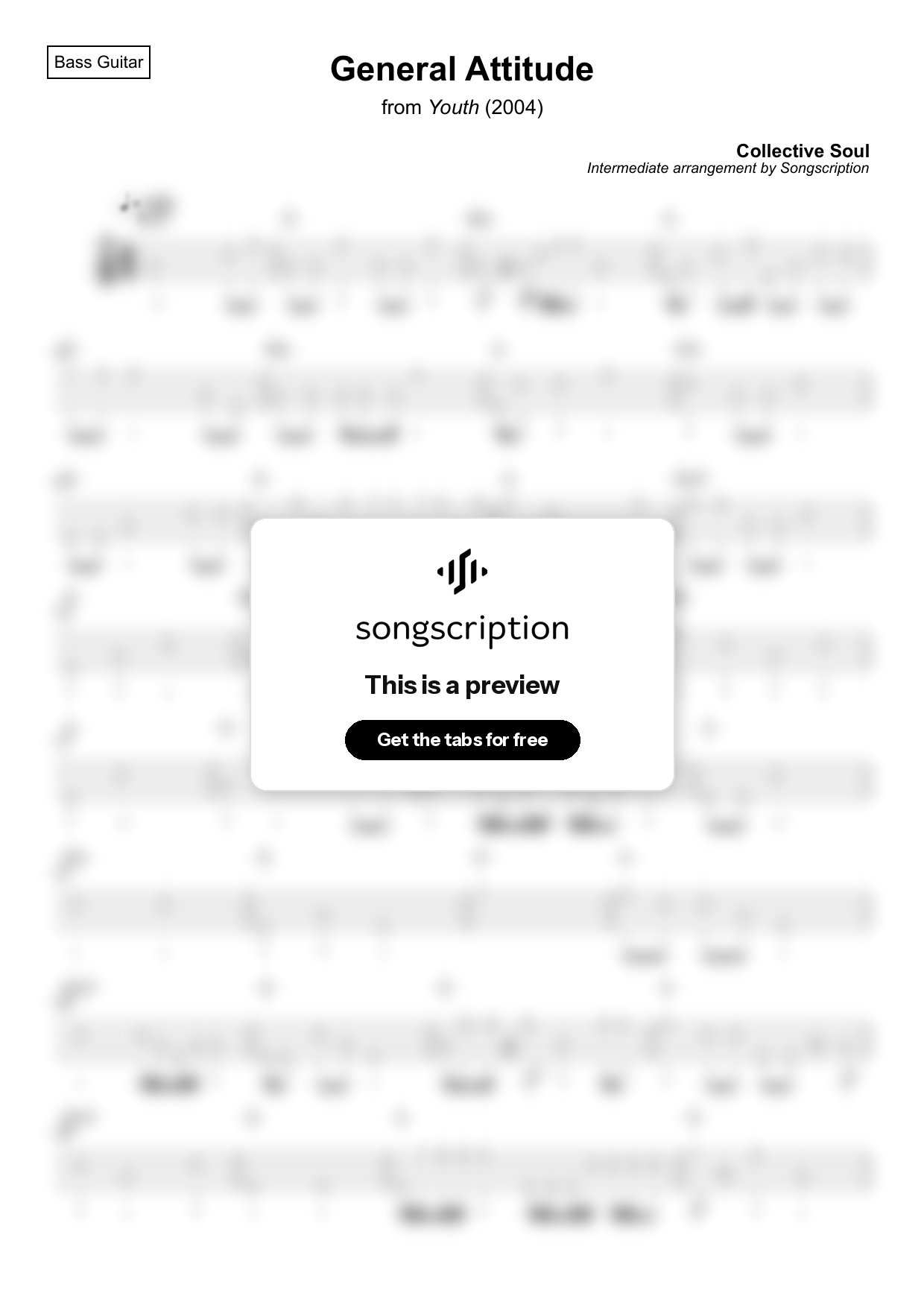 Intermediate Bass Guitar Tabs for "General Attitude" by Collective Soul