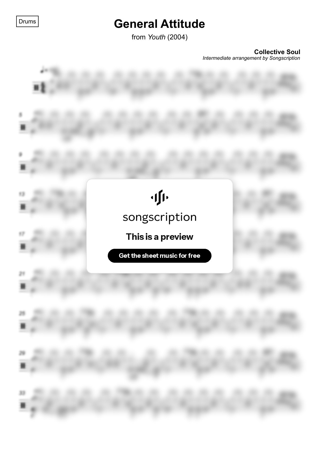 Intermediate Drums Sheet Music for "General Attitude" by Collective Soul