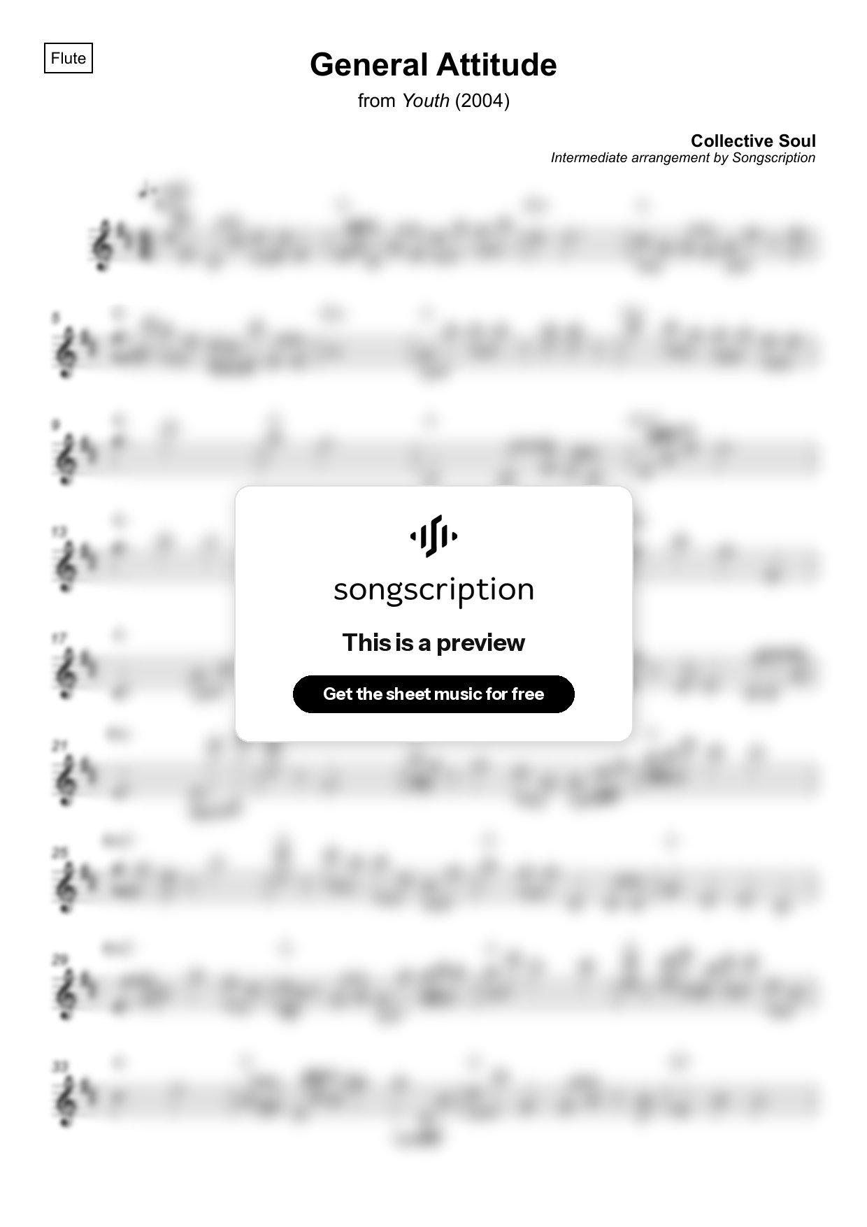 Intermediate Flute Sheet Music for "General Attitude" by Collective Soul