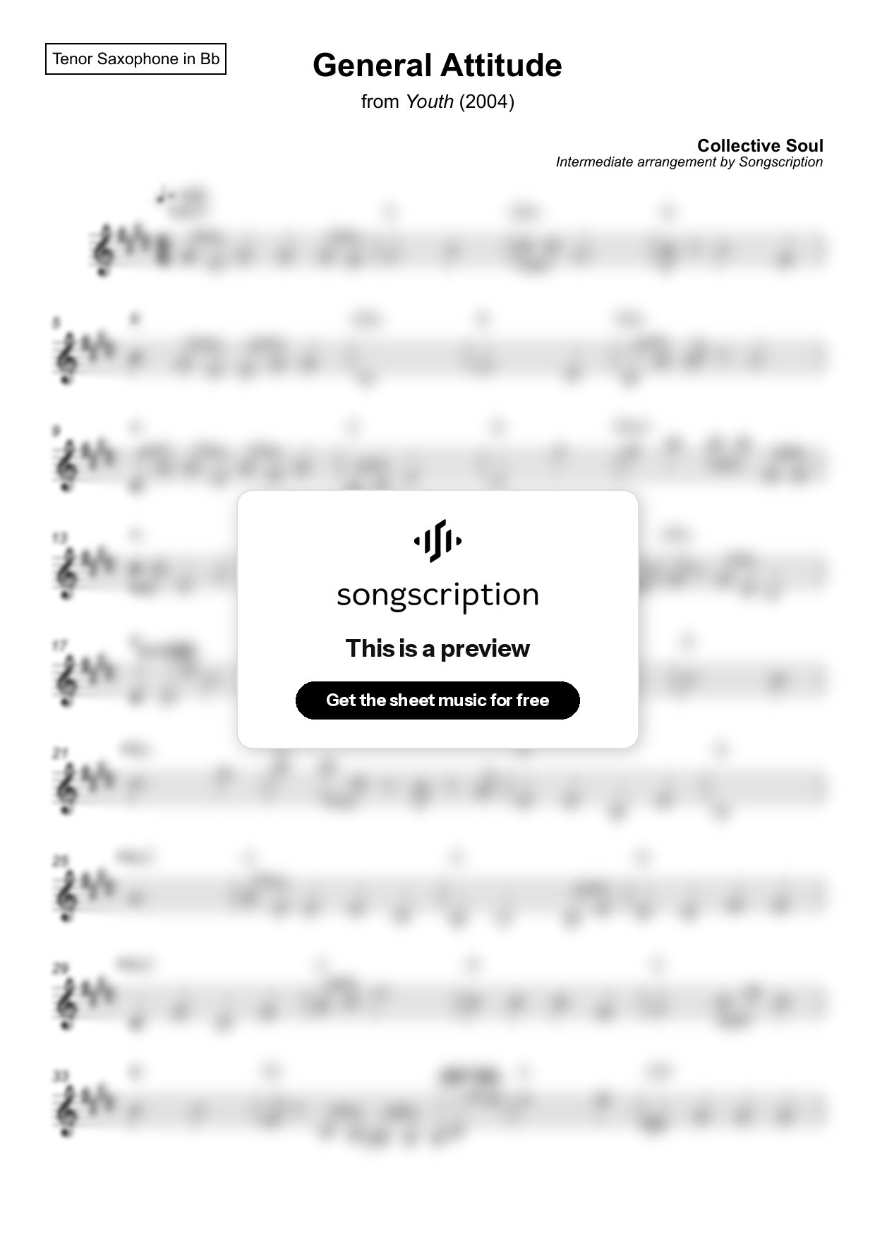 Intermediate Tenor Sax Sheet Music for "General Attitude" by Collective Soul
