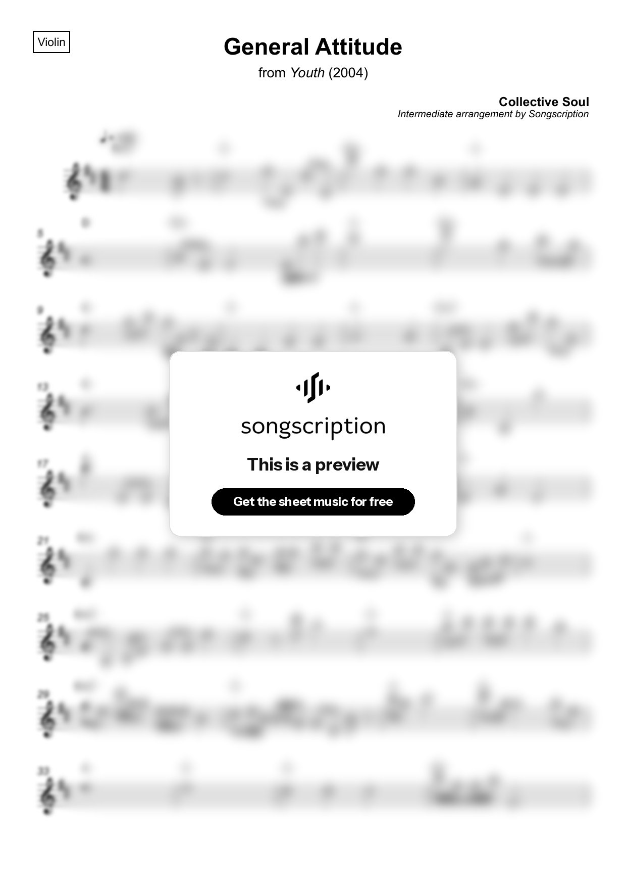 Intermediate Violin Sheet Music for "General Attitude" by Collective Soul