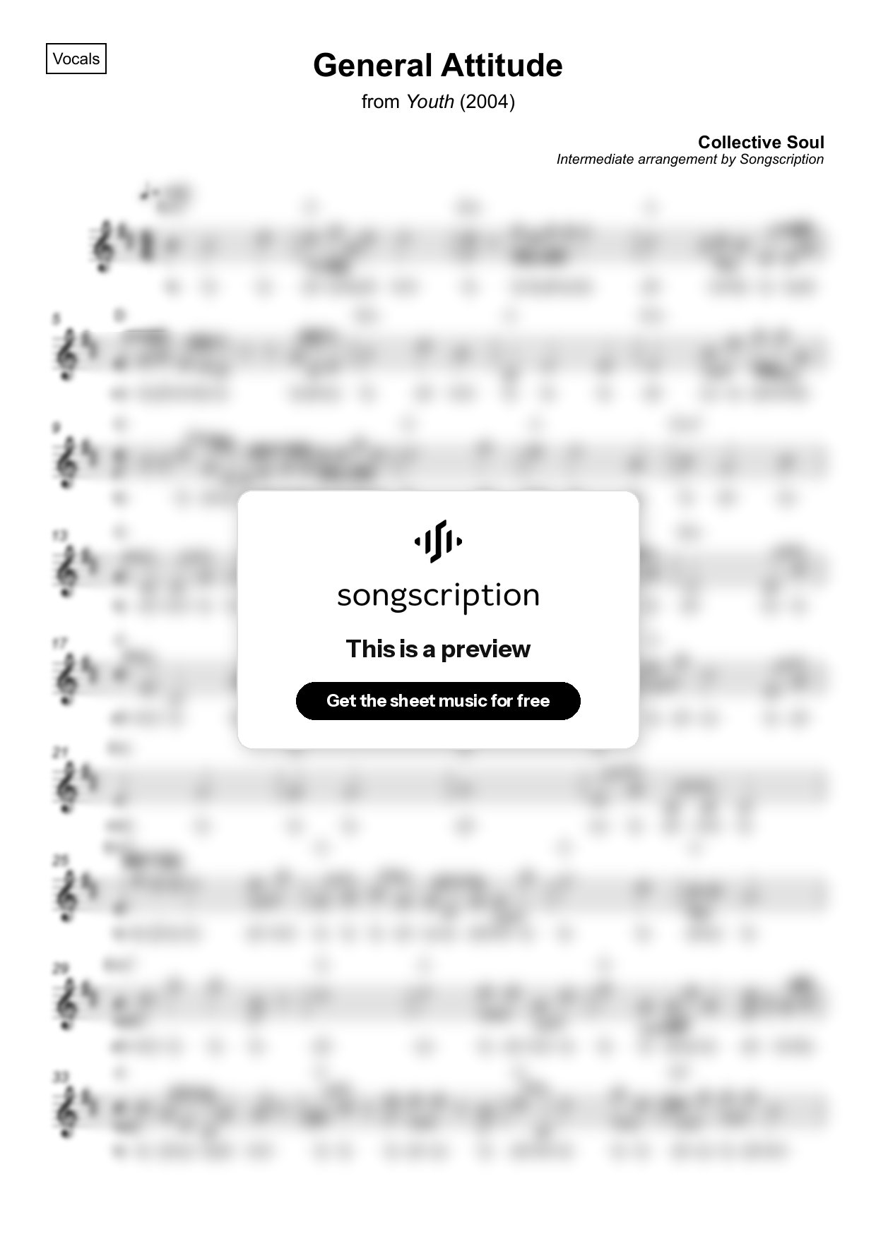 Intermediate Vocals Sheet Music for "General Attitude" by Collective Soul