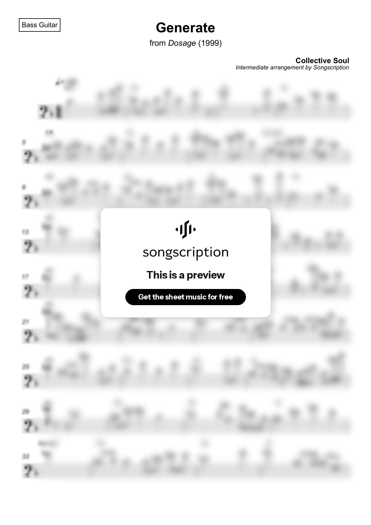 Intermediate Bass Guitar Sheet Music for "Generate" by Collective Soul