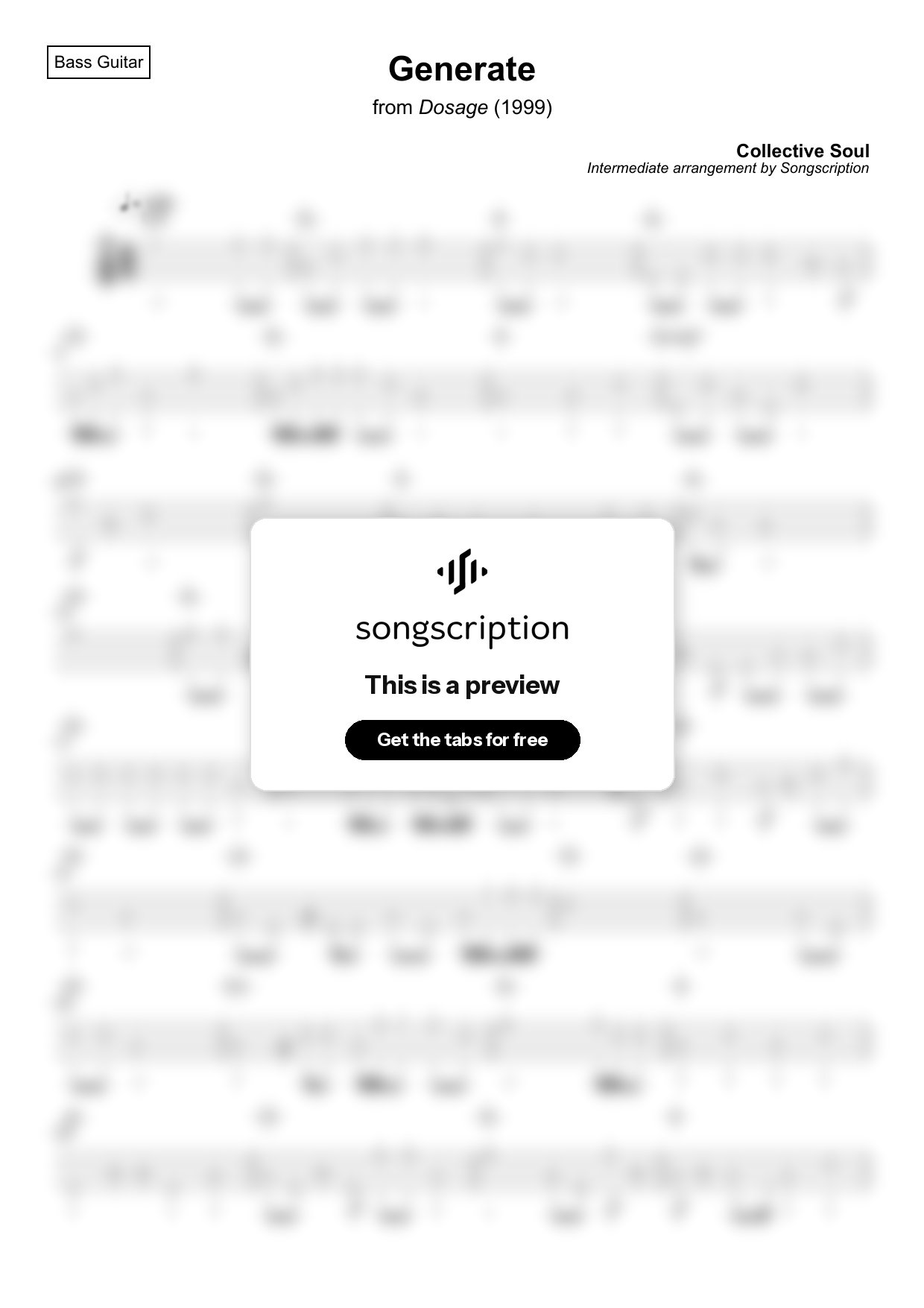 Intermediate Bass Guitar Tabs for "Generate" by Collective Soul