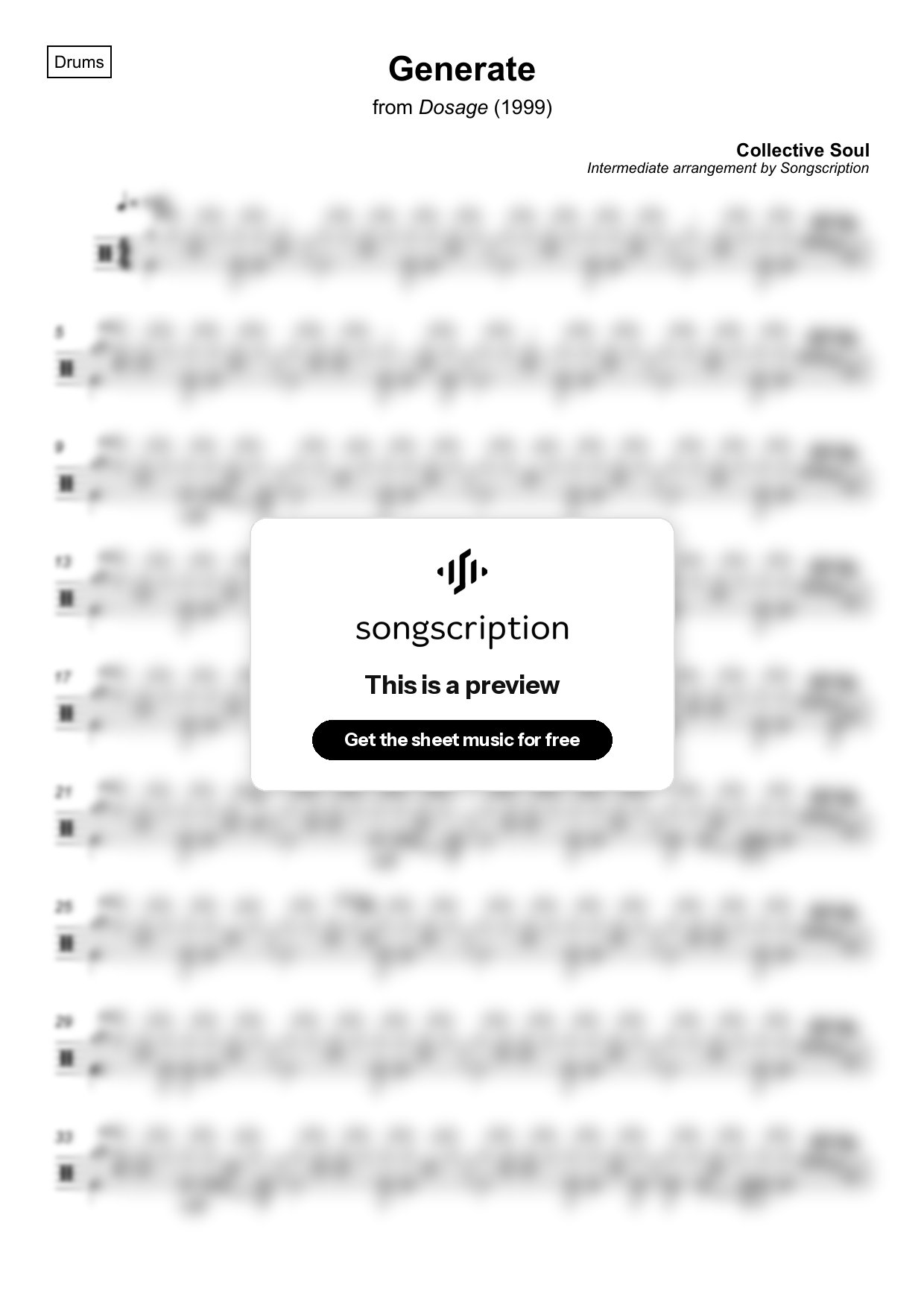 Intermediate Drums Sheet Music for "Generate" by Collective Soul
