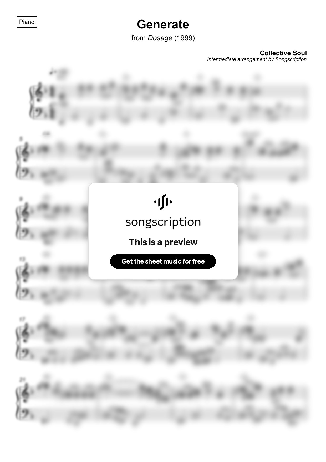 Intermediate Piano Sheet Music for "Generate" by Collective Soul
