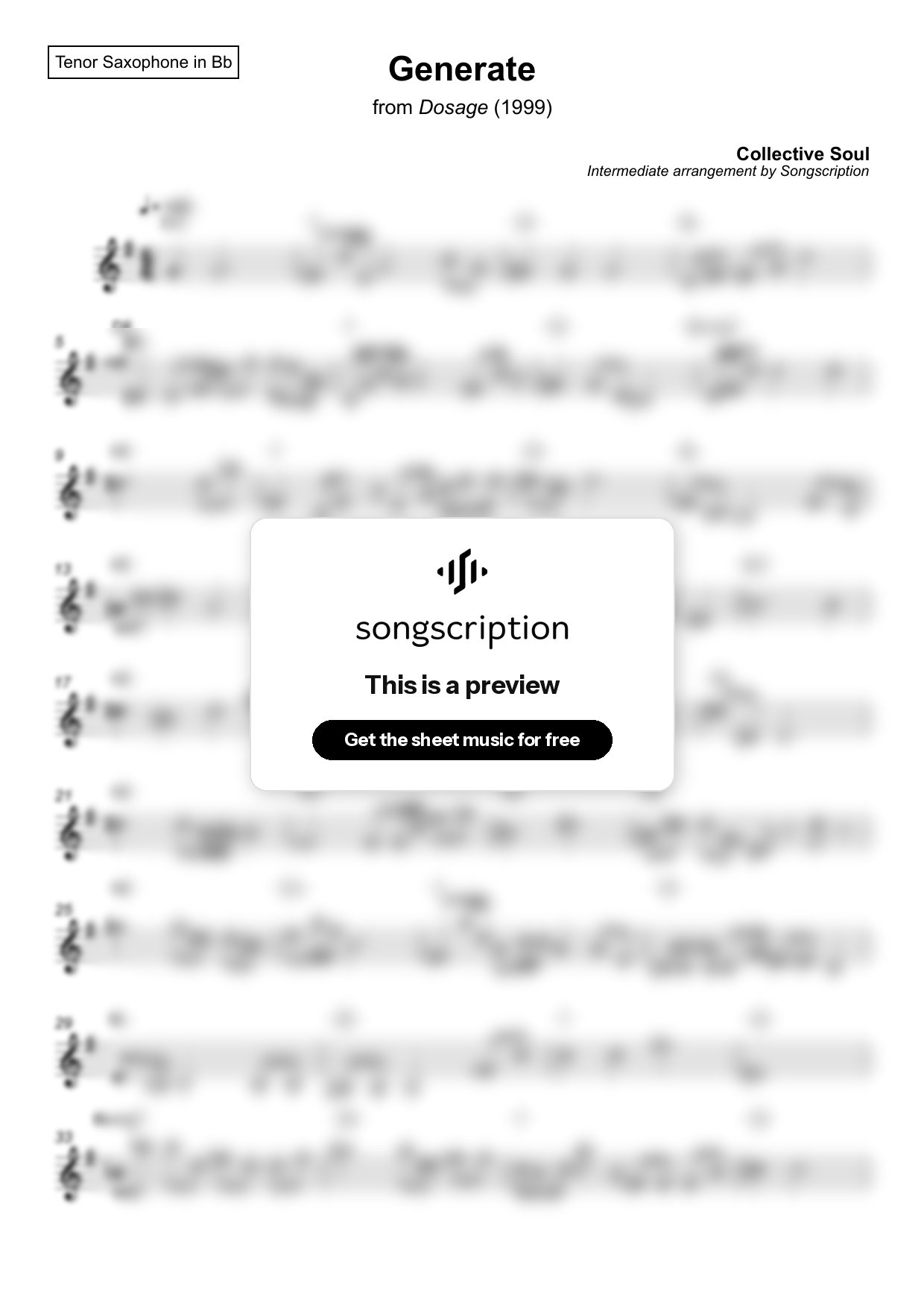 Intermediate Tenor Sax Sheet Music for "Generate" by Collective Soul