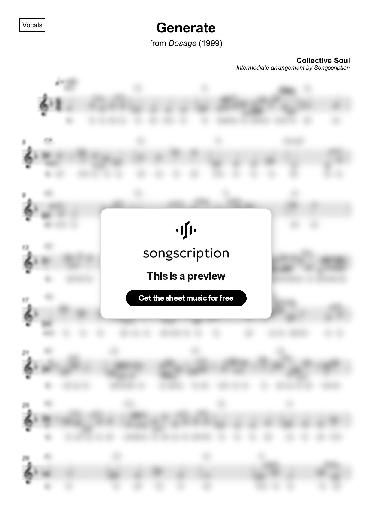 Intermediate Vocals Sheet Music for "Generate" by Collective Soul