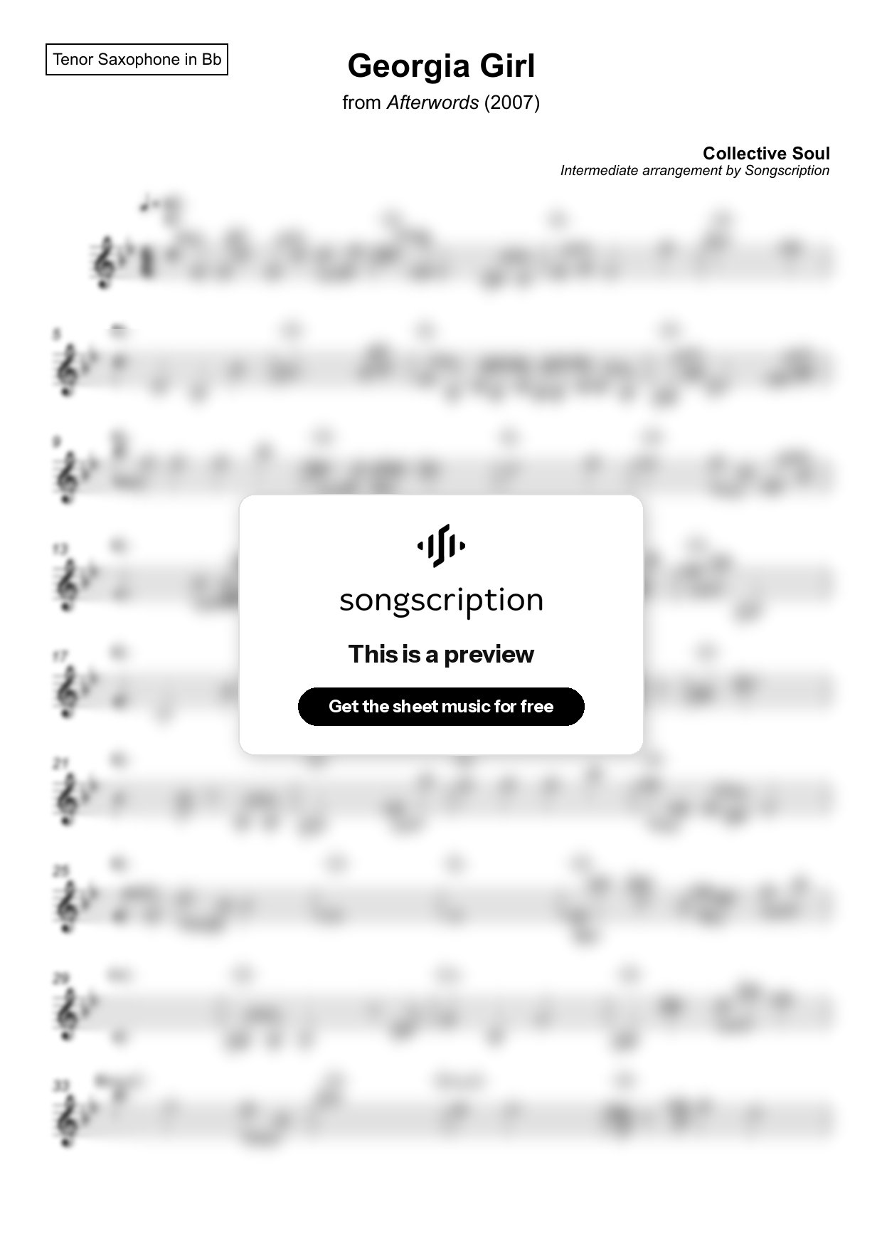 Intermediate Tenor Sax Sheet Music for "Georgia Girl" by Collective Soul