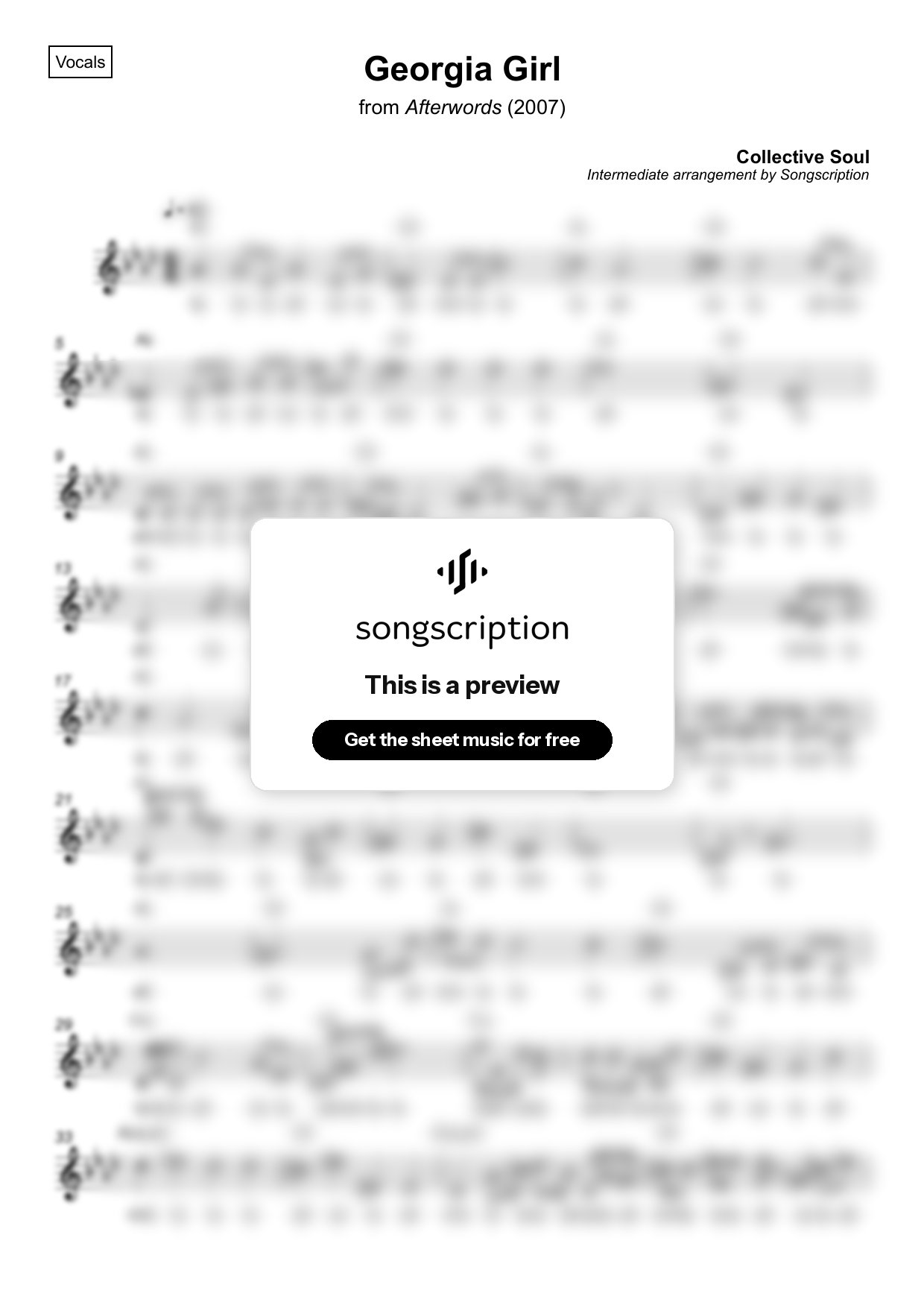 Intermediate Vocals Sheet Music for "Georgia Girl" by Collective Soul