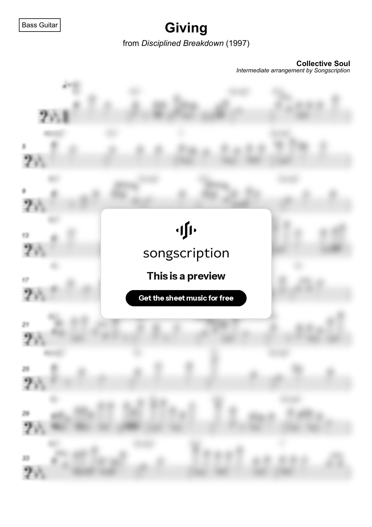 Intermediate Bass Guitar Sheet Music for "Giving" by Collective Soul