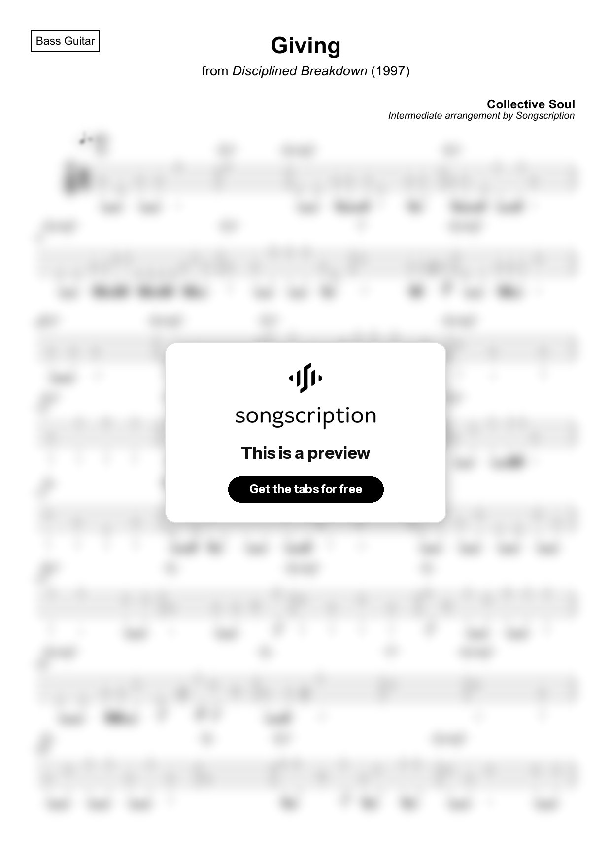 Intermediate Bass Guitar Tabs for "Giving" by Collective Soul