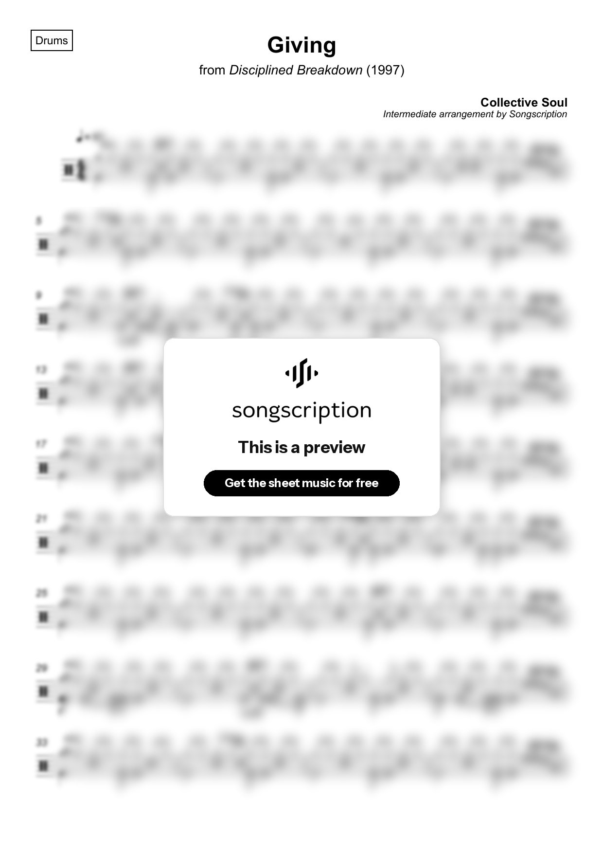 Intermediate Drums Sheet Music for "Giving" by Collective Soul