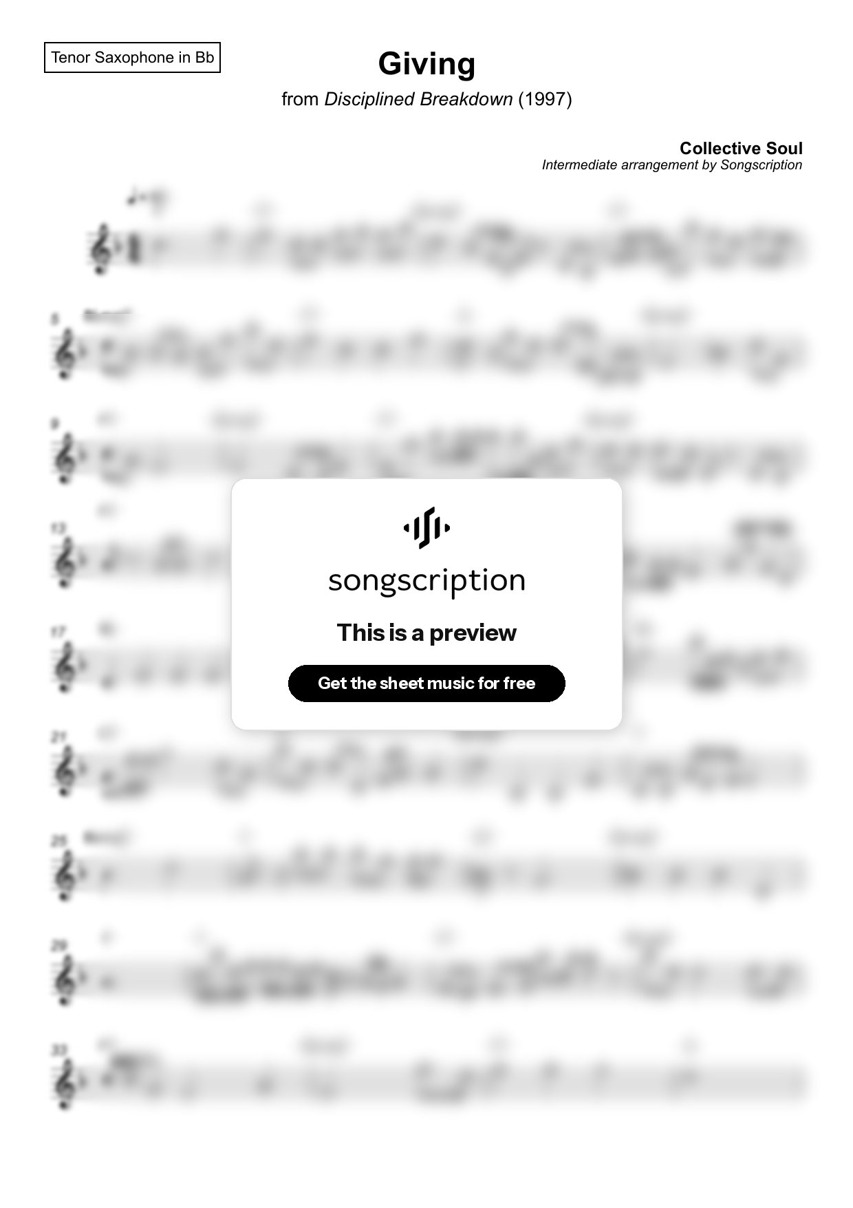 Intermediate Tenor Sax Sheet Music for "Giving" by Collective Soul