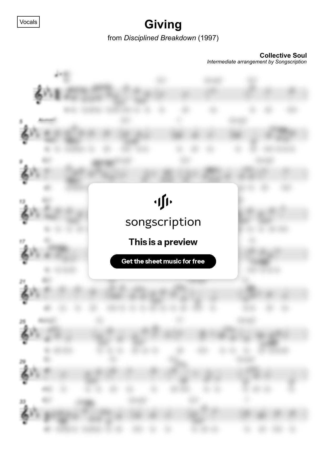 Intermediate Vocals Sheet Music for "Giving" by Collective Soul