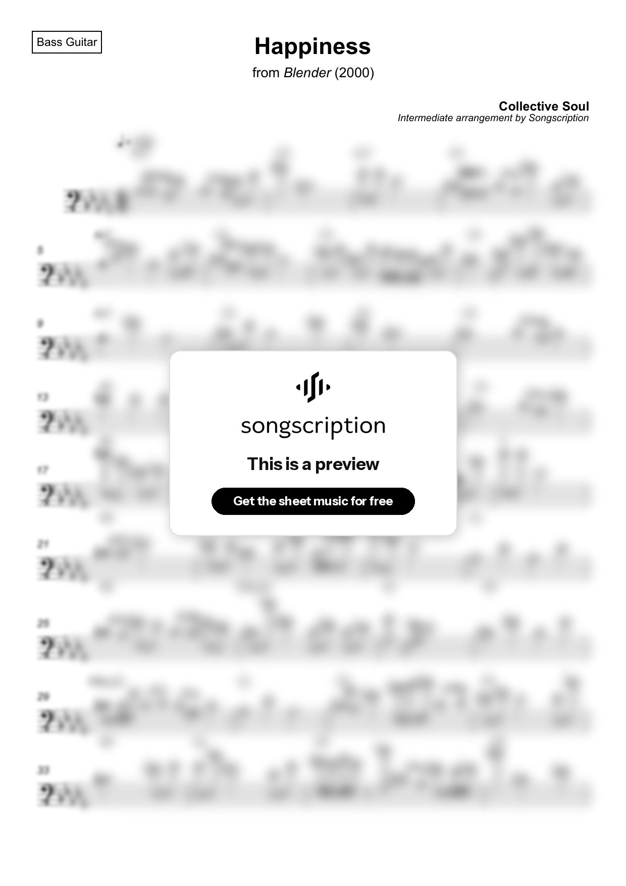 Intermediate Bass Guitar Sheet Music for "Happiness" by Collective Soul
