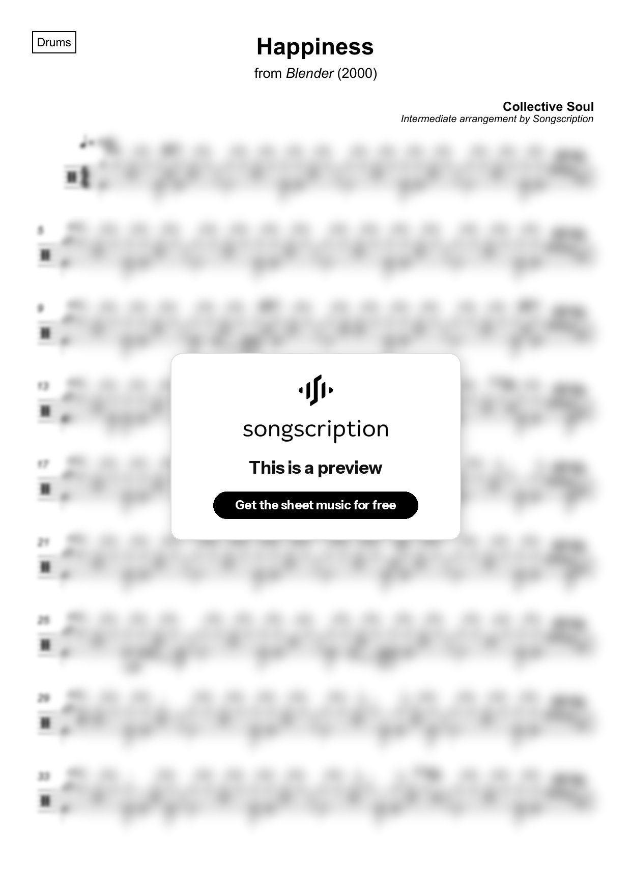 Intermediate Drums Sheet Music for "Happiness" by Collective Soul