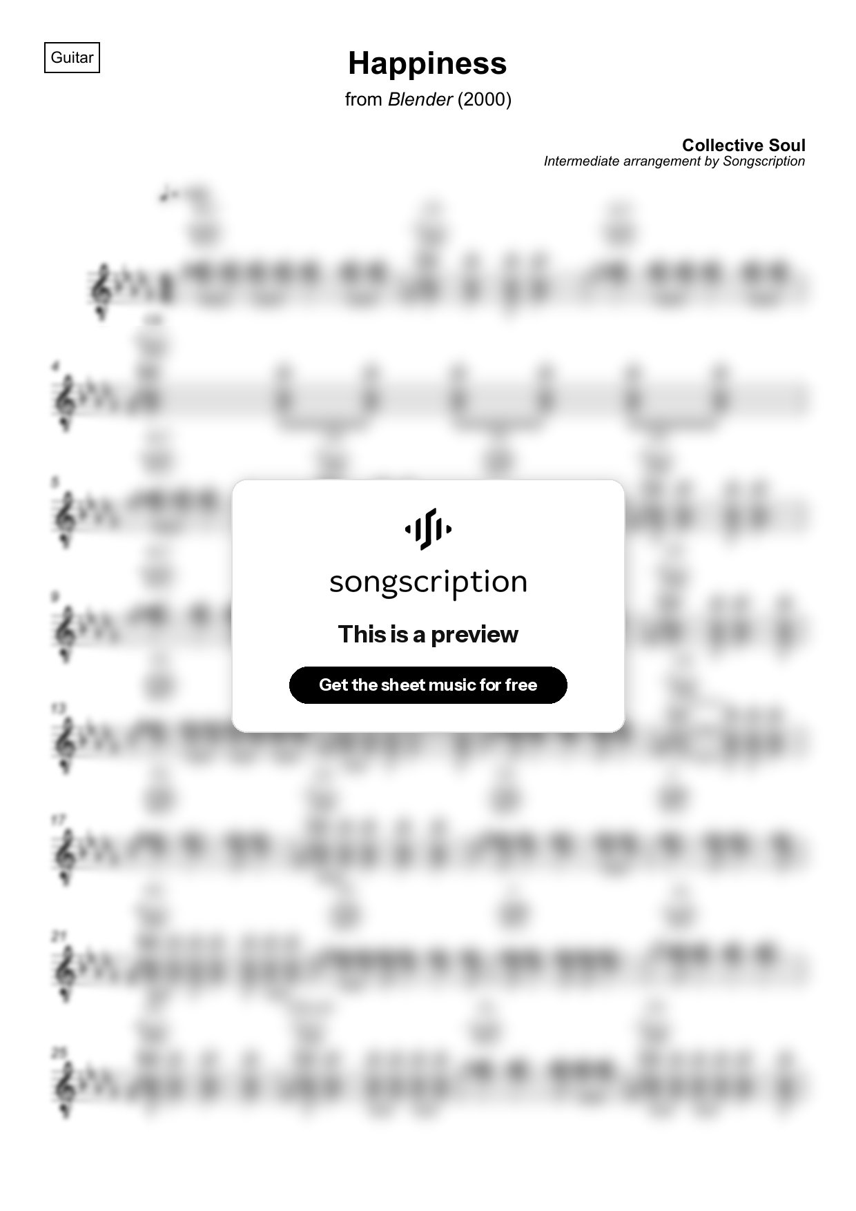 Intermediate Acoustic Guitar Sheet Music for "Happiness" by Collective Soul