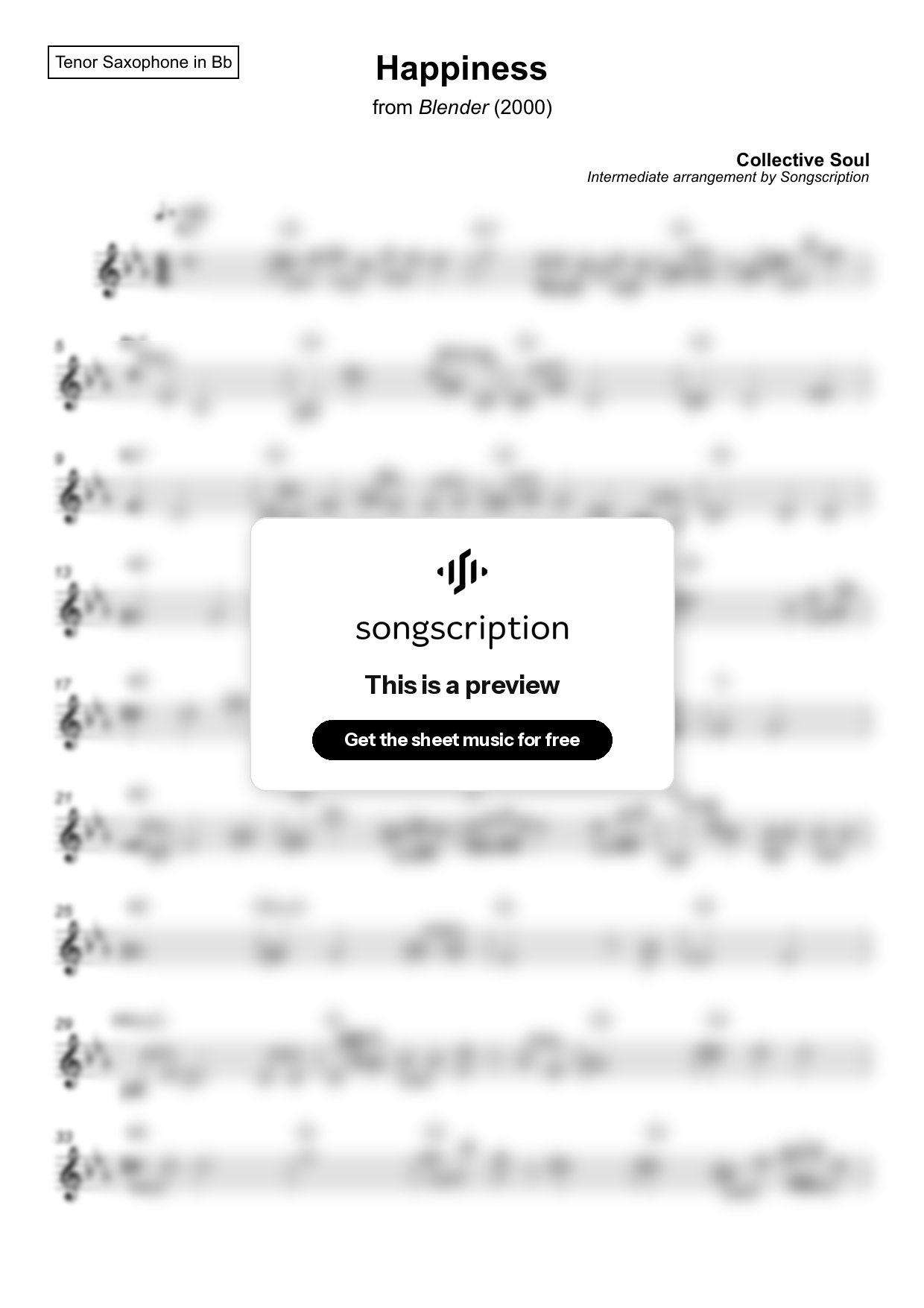 Intermediate Tenor Sax Sheet Music for "Happiness" by Collective Soul