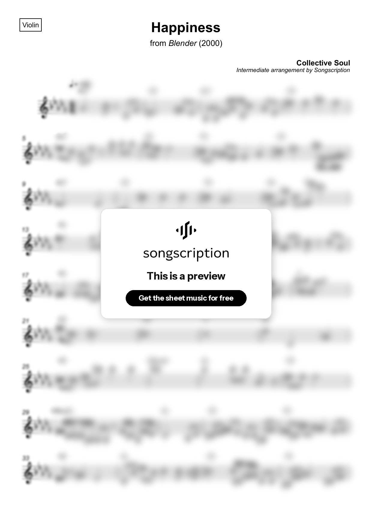 Intermediate Violin Sheet Music for "Happiness" by Collective Soul
