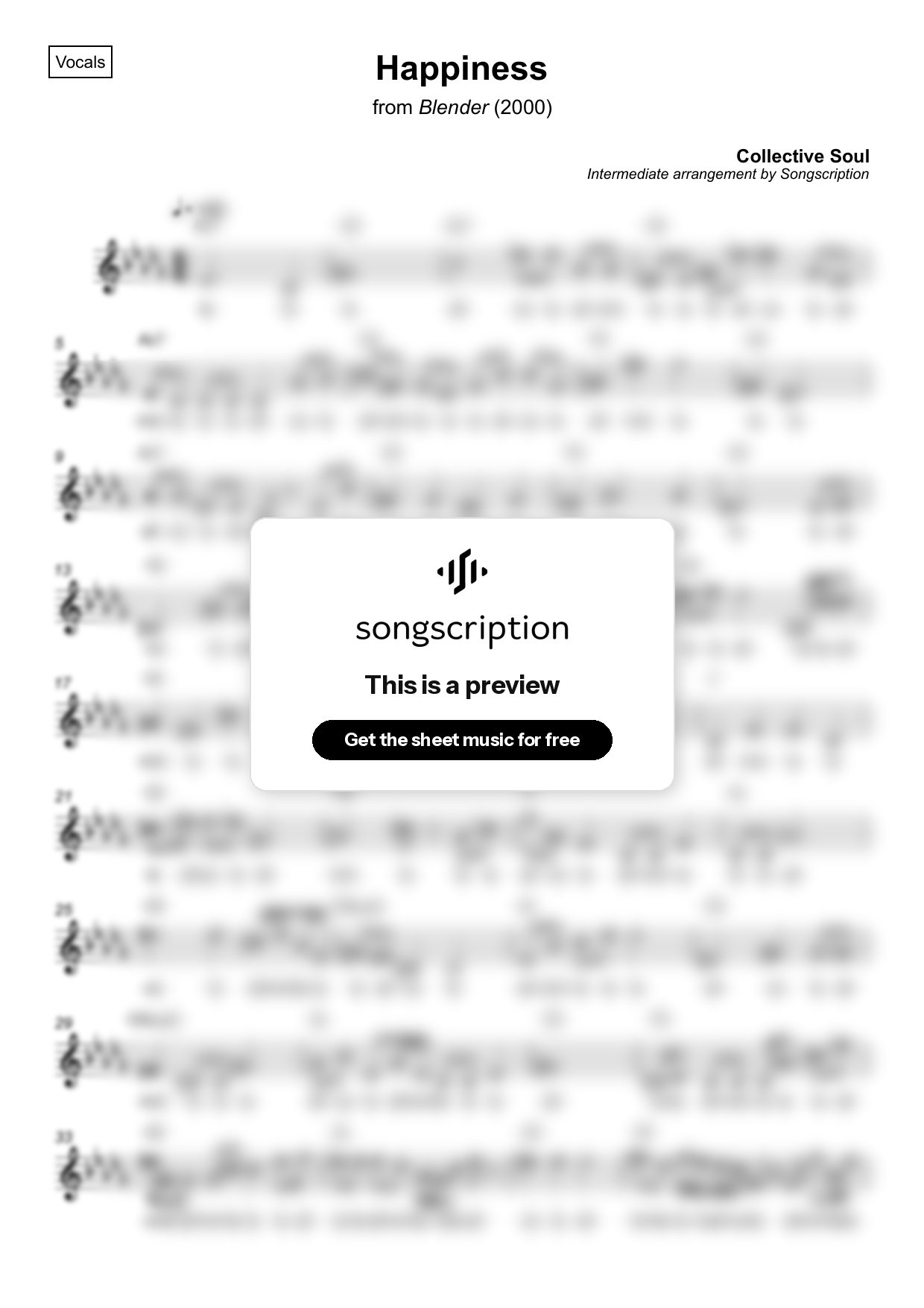 Intermediate Vocals Sheet Music for "Happiness" by Collective Soul