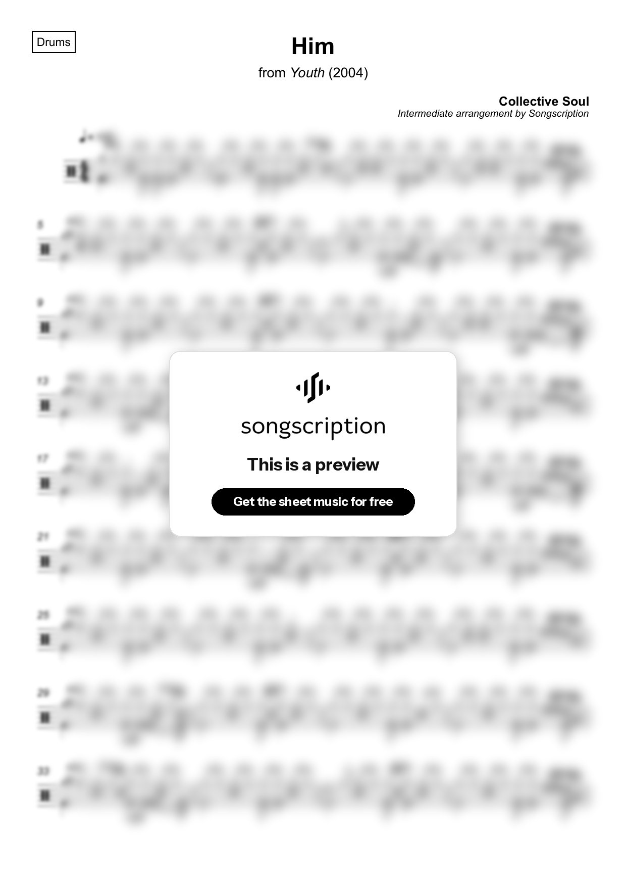 Intermediate Drums Sheet Music for "Him" by Collective Soul