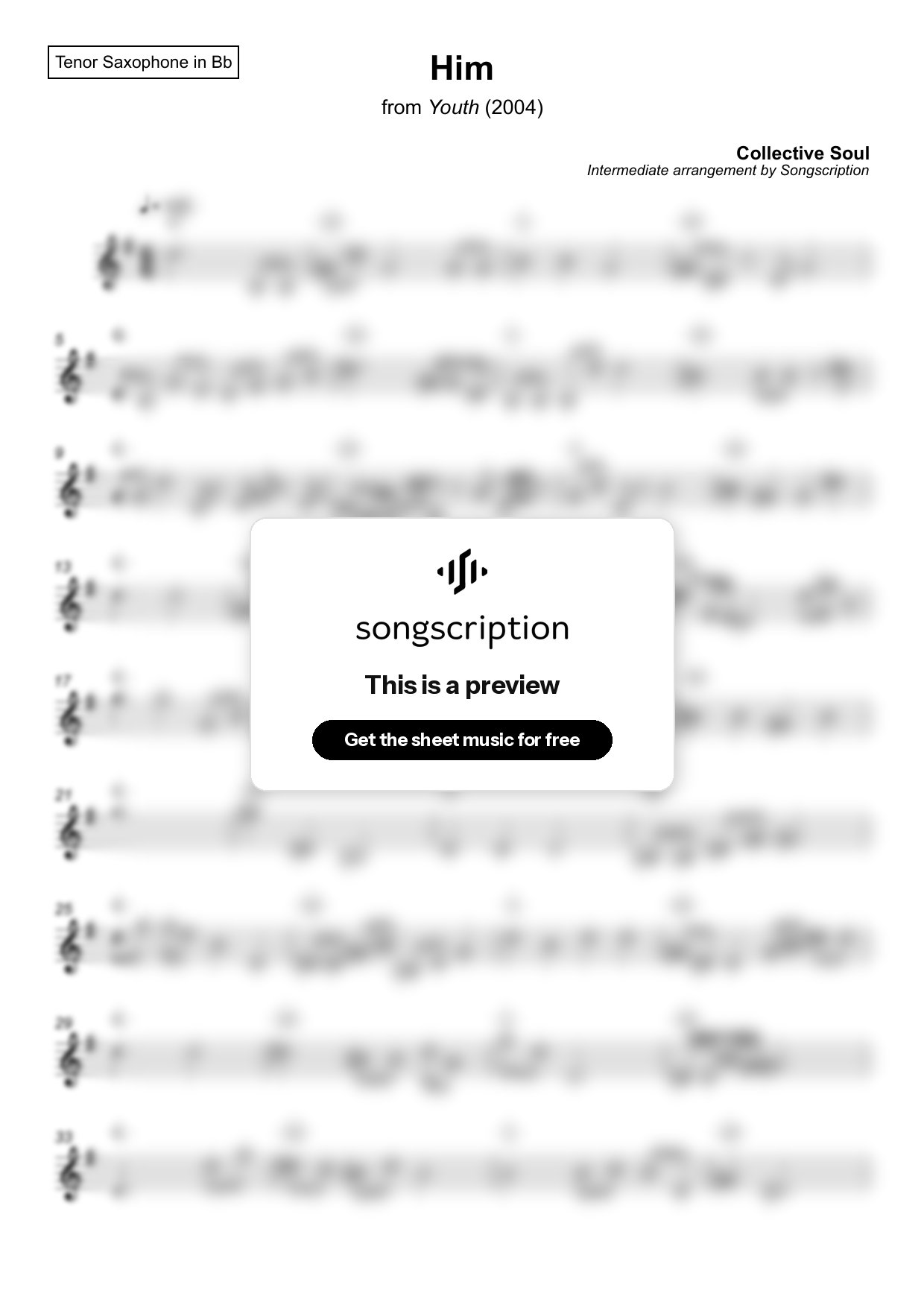 Intermediate Tenor Sax Sheet Music for "Him" by Collective Soul