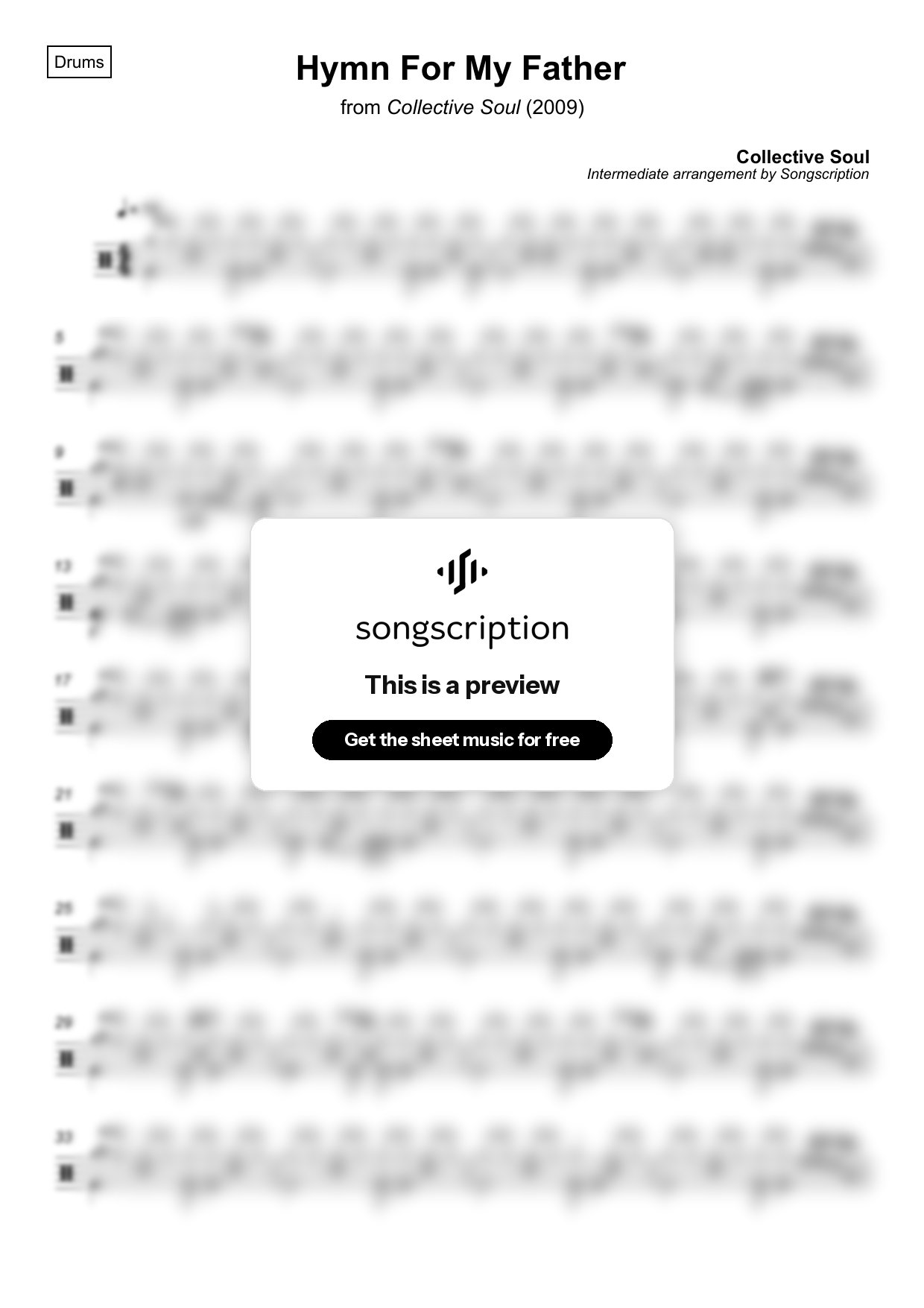 Intermediate Drums Sheet Music for "Hymn For My Father" by Collective Soul