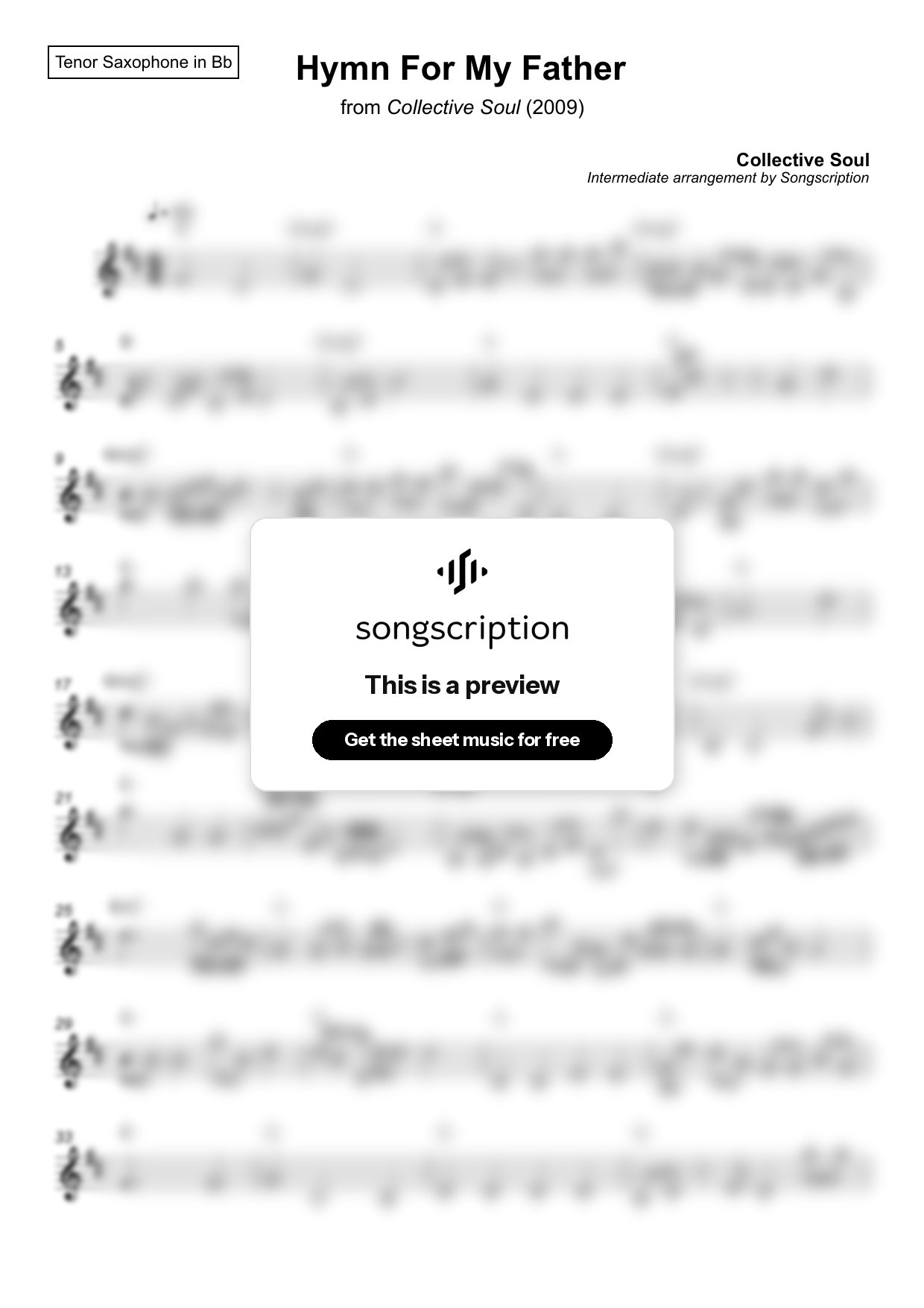 Intermediate Tenor Sax Sheet Music for "Hymn For My Father" by Collective Soul