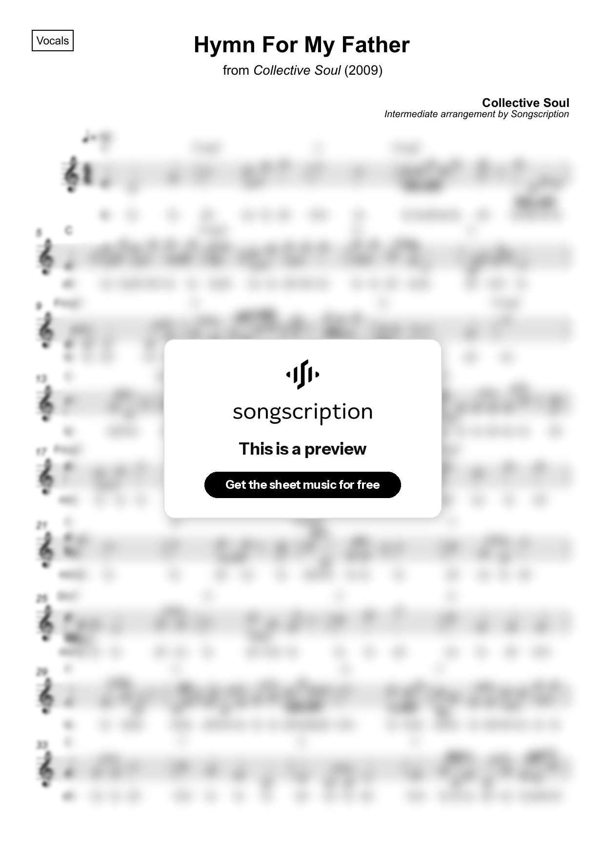 Intermediate Vocals Sheet Music for "Hymn For My Father" by Collective Soul