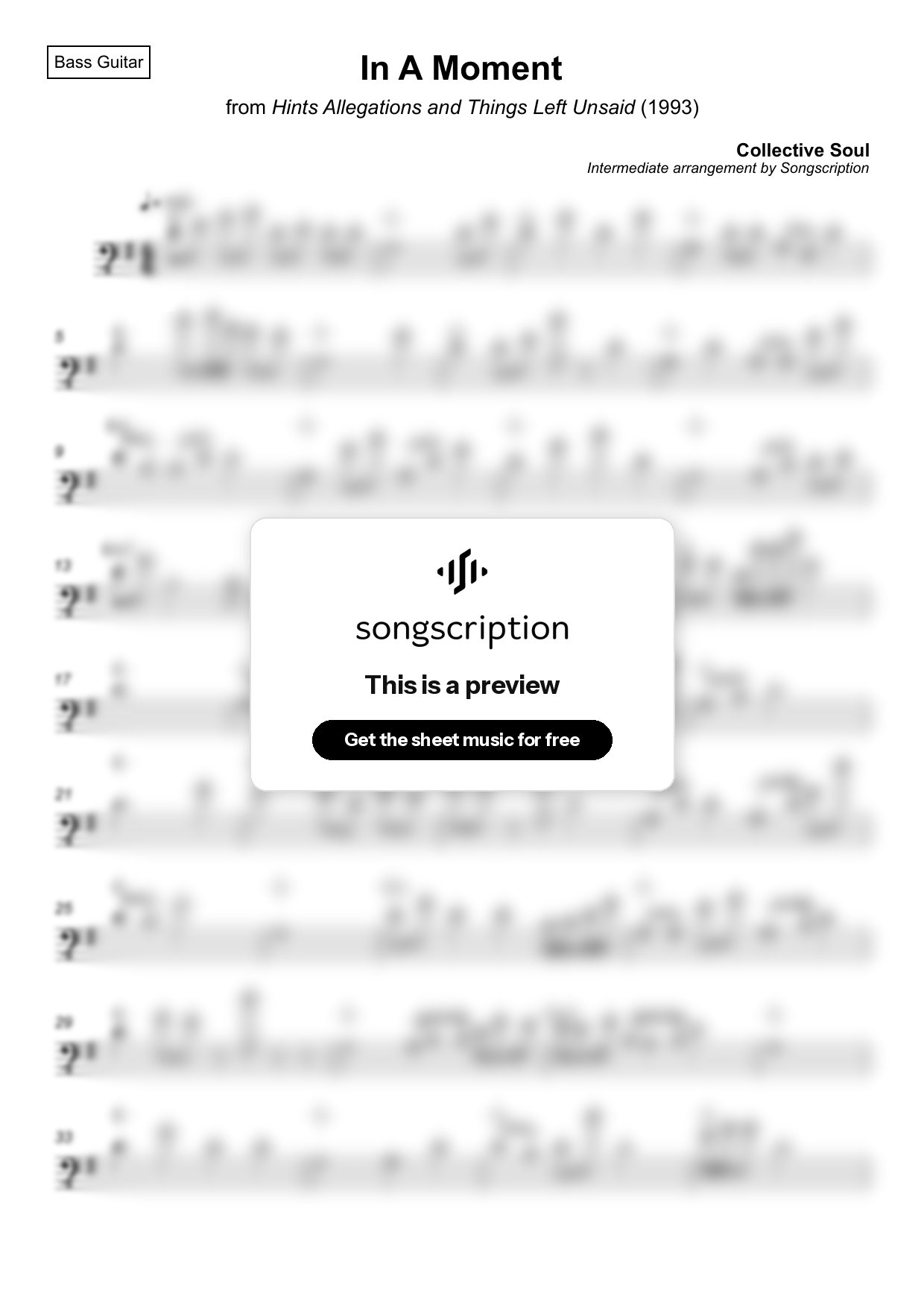 Intermediate Bass Guitar Sheet Music for "In A Moment" by Collective Soul