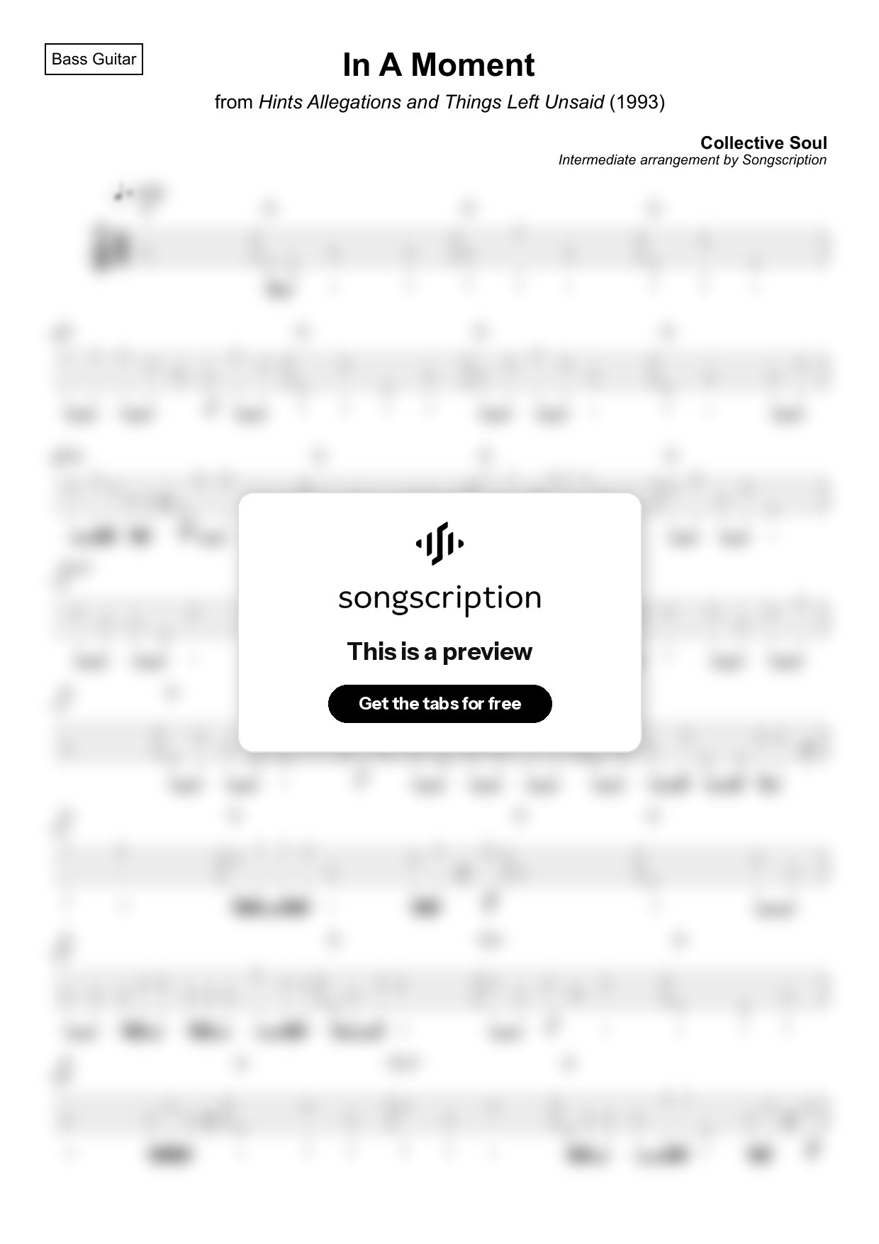 Intermediate Bass Guitar Tabs for "In A Moment" by Collective Soul