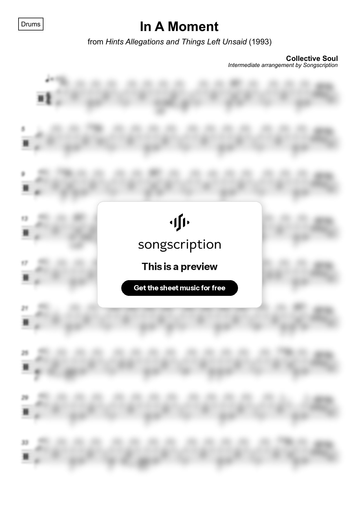 Intermediate Drums Sheet Music for "In A Moment" by Collective Soul