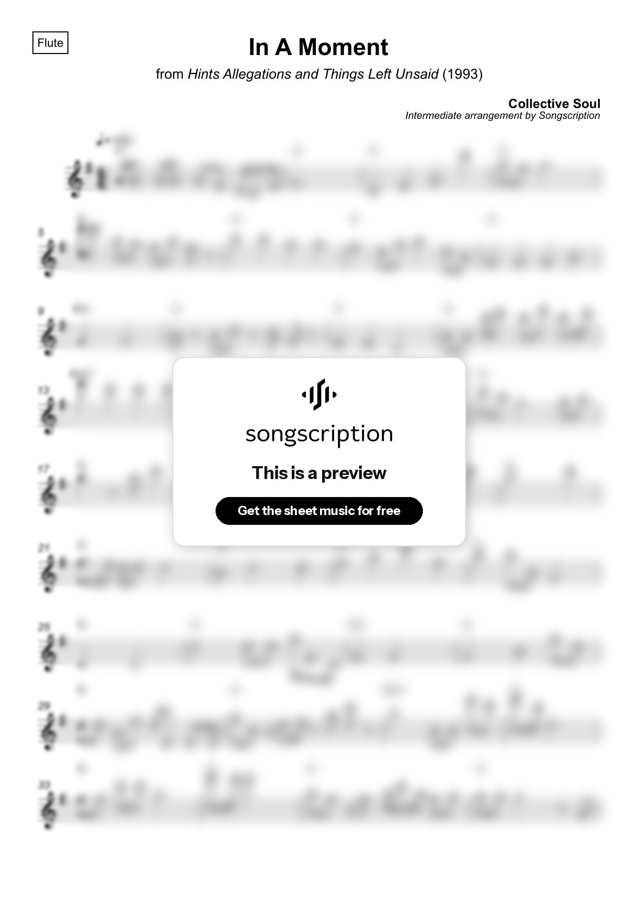 Intermediate Flute Sheet Music for "In A Moment" by Collective Soul
