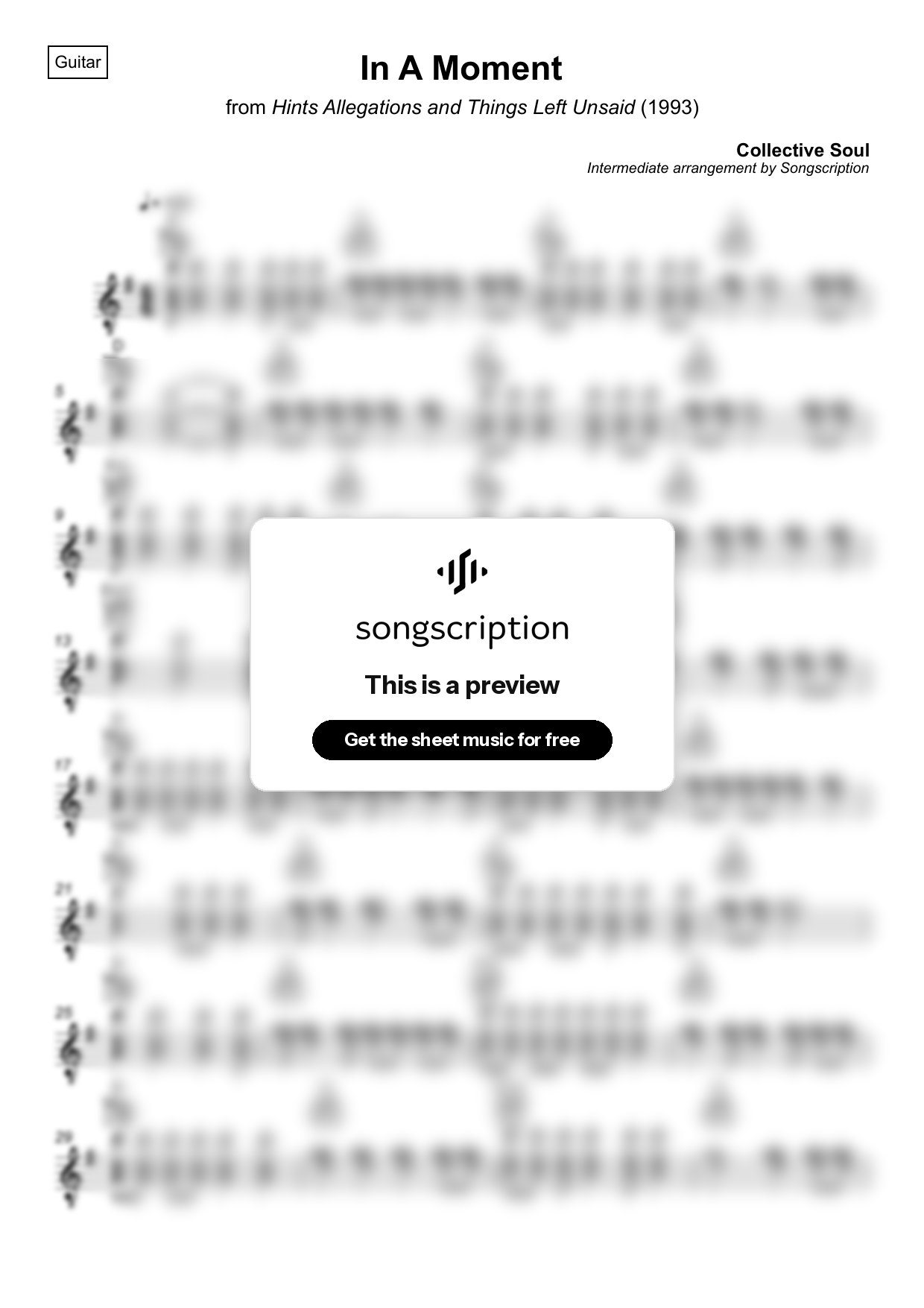 Intermediate Acoustic Guitar Sheet Music for "In A Moment" by Collective Soul