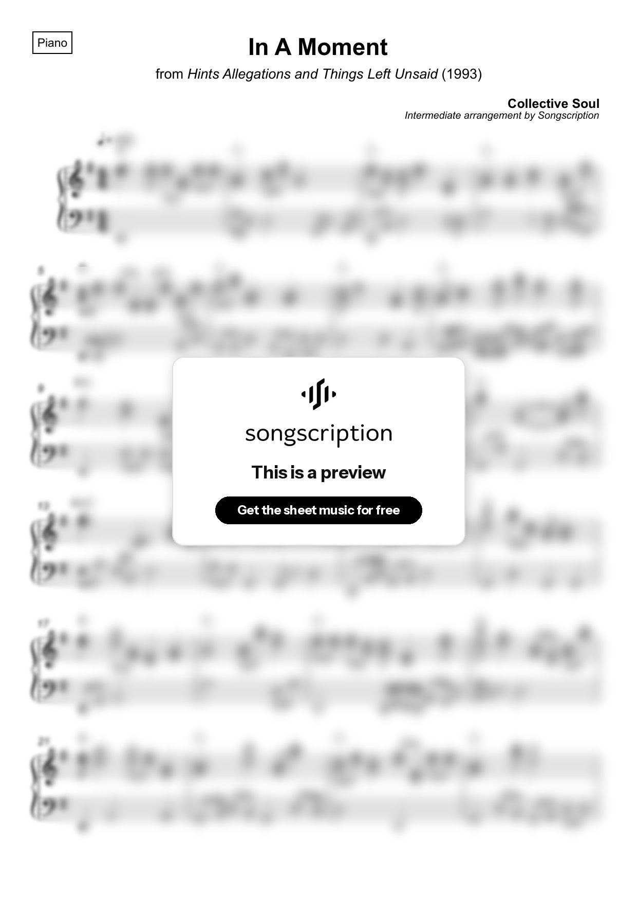 Intermediate Piano Sheet Music for "In A Moment" by Collective Soul