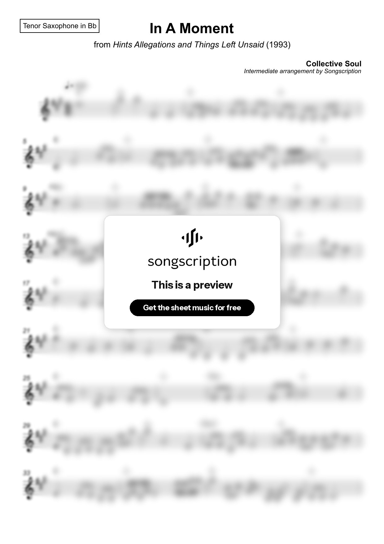 Intermediate Tenor Sax Sheet Music for "In A Moment" by Collective Soul