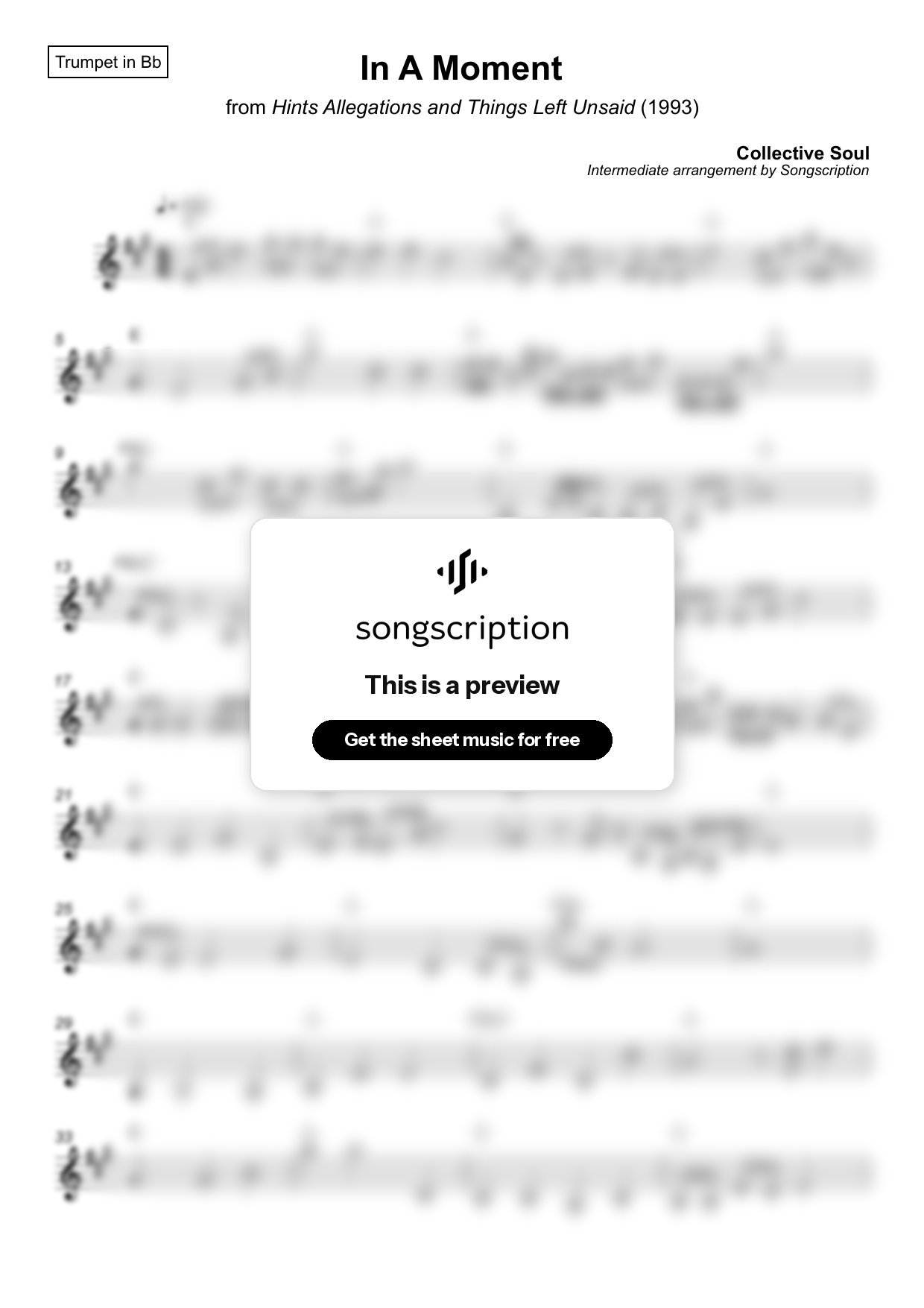 Intermediate Trumpet Sheet Music for "In A Moment" by Collective Soul