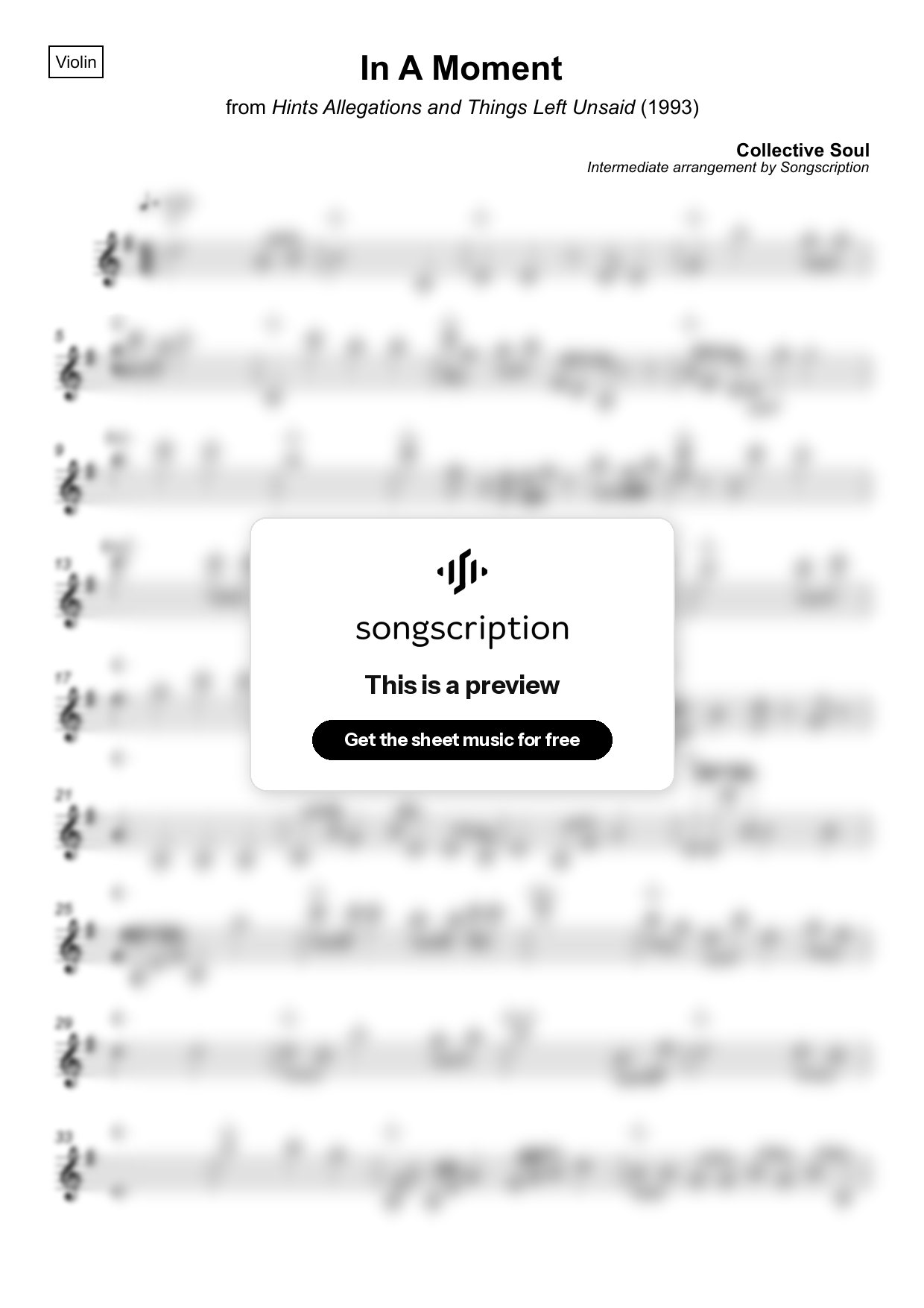 Intermediate Violin Sheet Music for "In A Moment" by Collective Soul