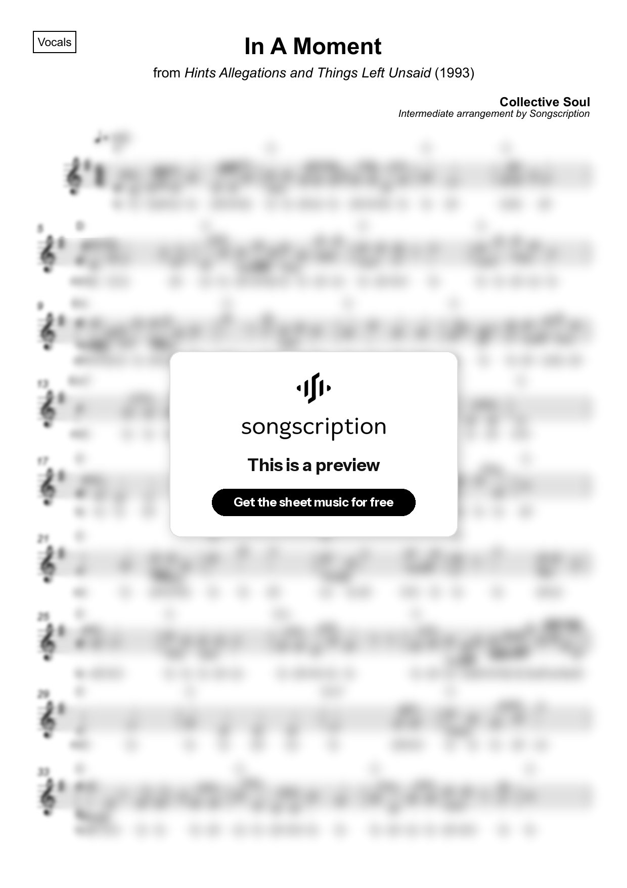 Intermediate Vocals Sheet Music for "In A Moment" by Collective Soul