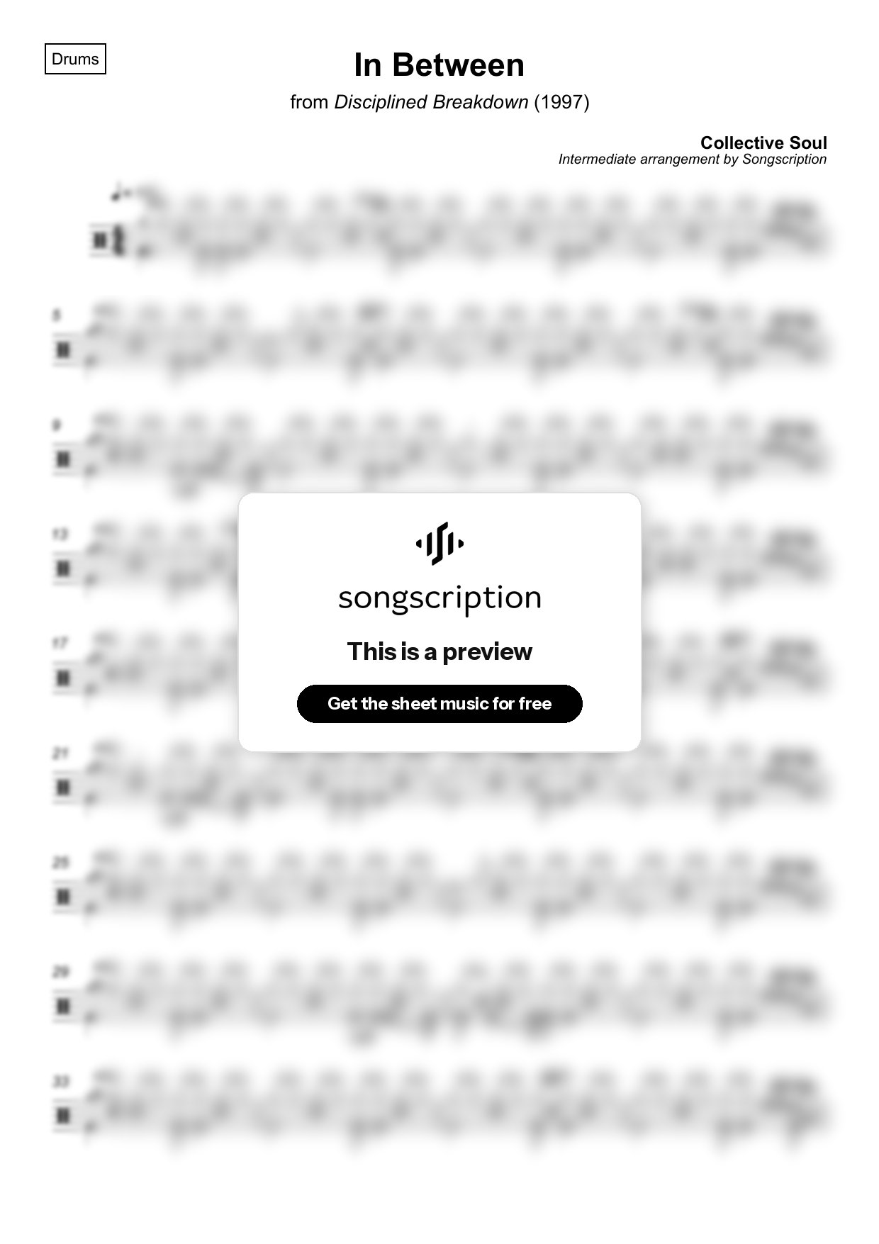 Intermediate Drums Sheet Music for "In Between" by Collective Soul